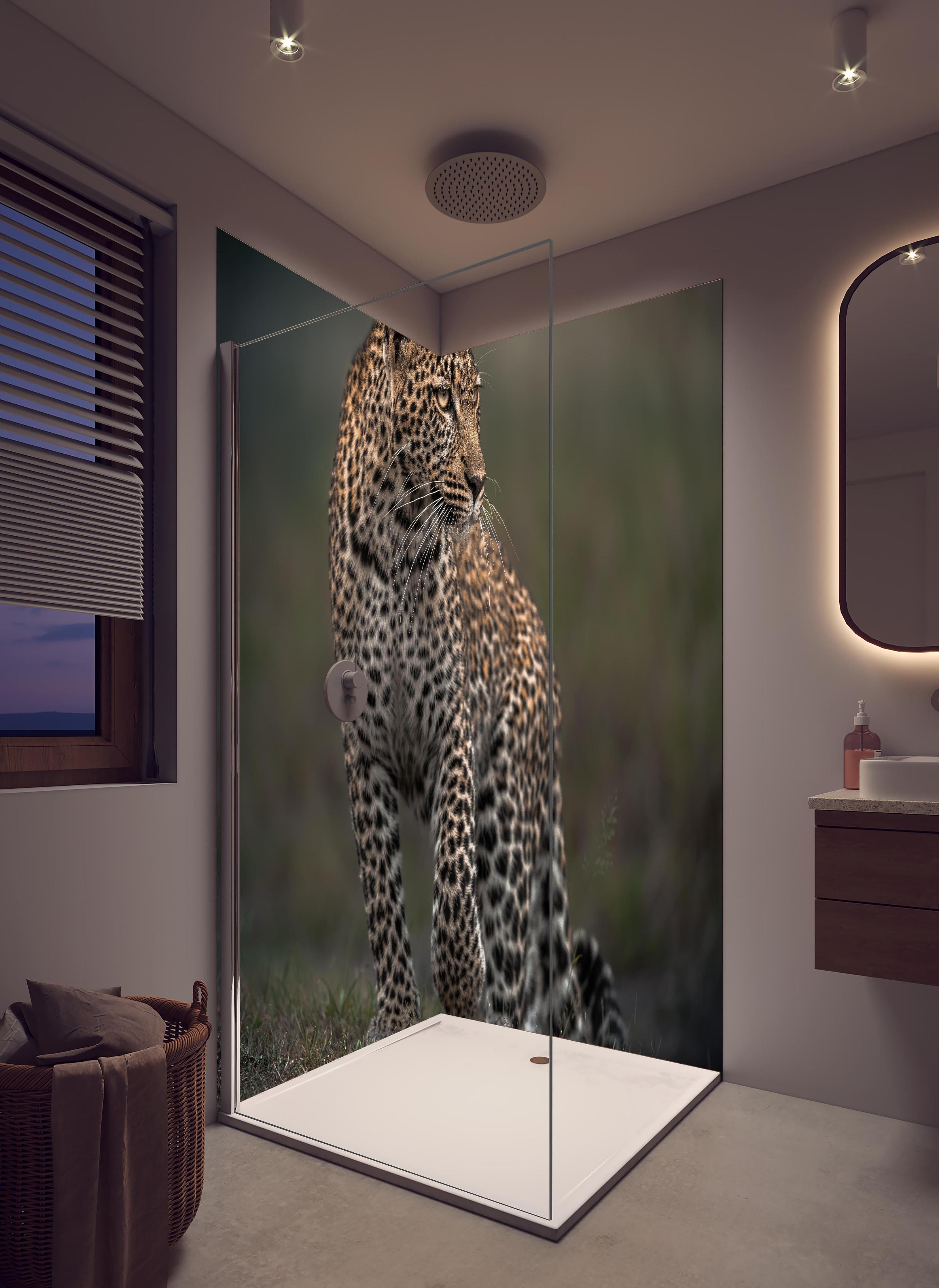 Duschrückwand - Fokussierter Leopard - Savanne in hellem Badezimmer mit Regenduschkopf - zweiteilige Eck-Duschrückwand