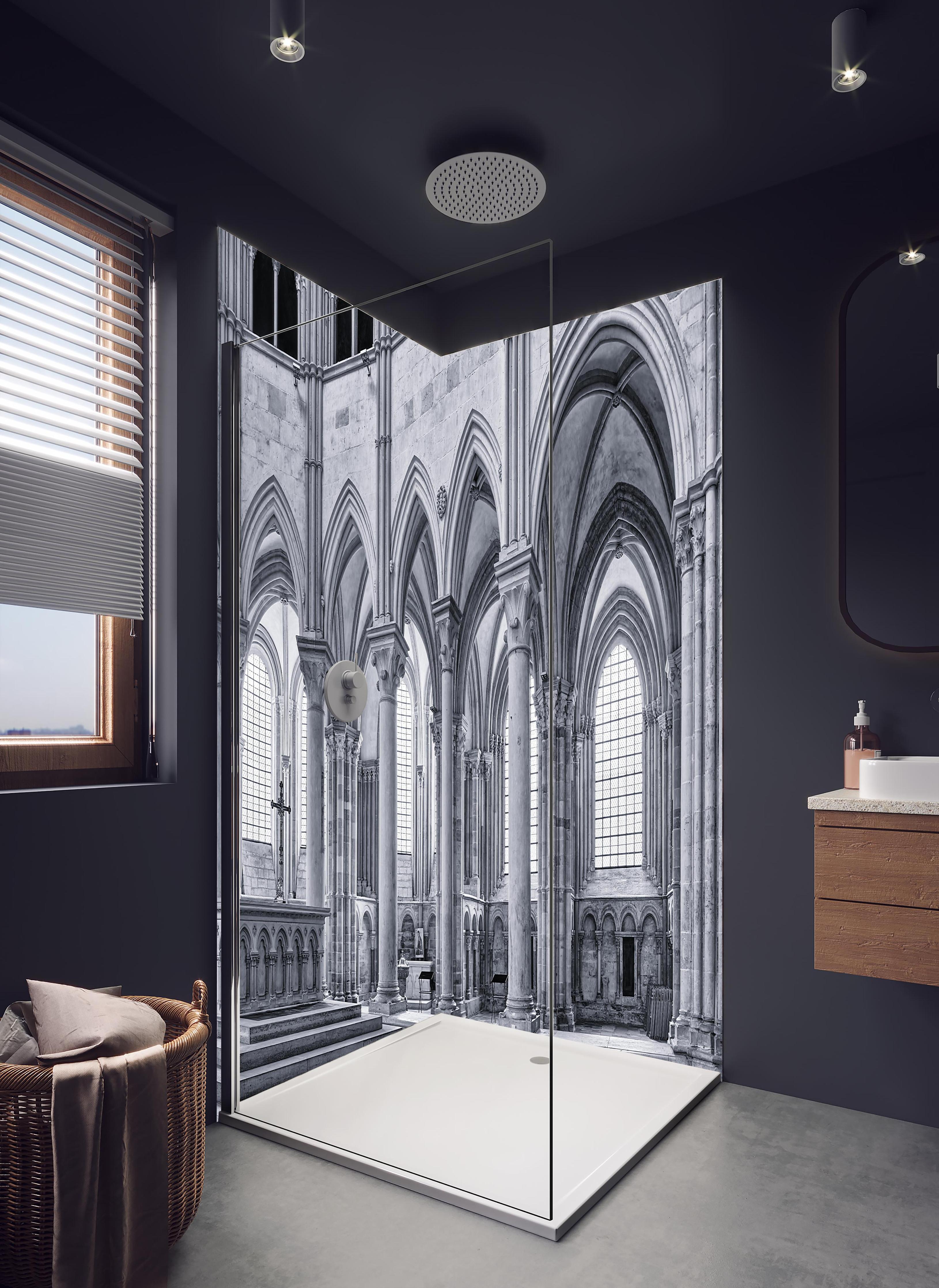 Duschrückwand - Französische Kapelle - Christentum in hellem Badezimmer mit Regenduschkopf - zweiteilige Eck-Duschrückwand