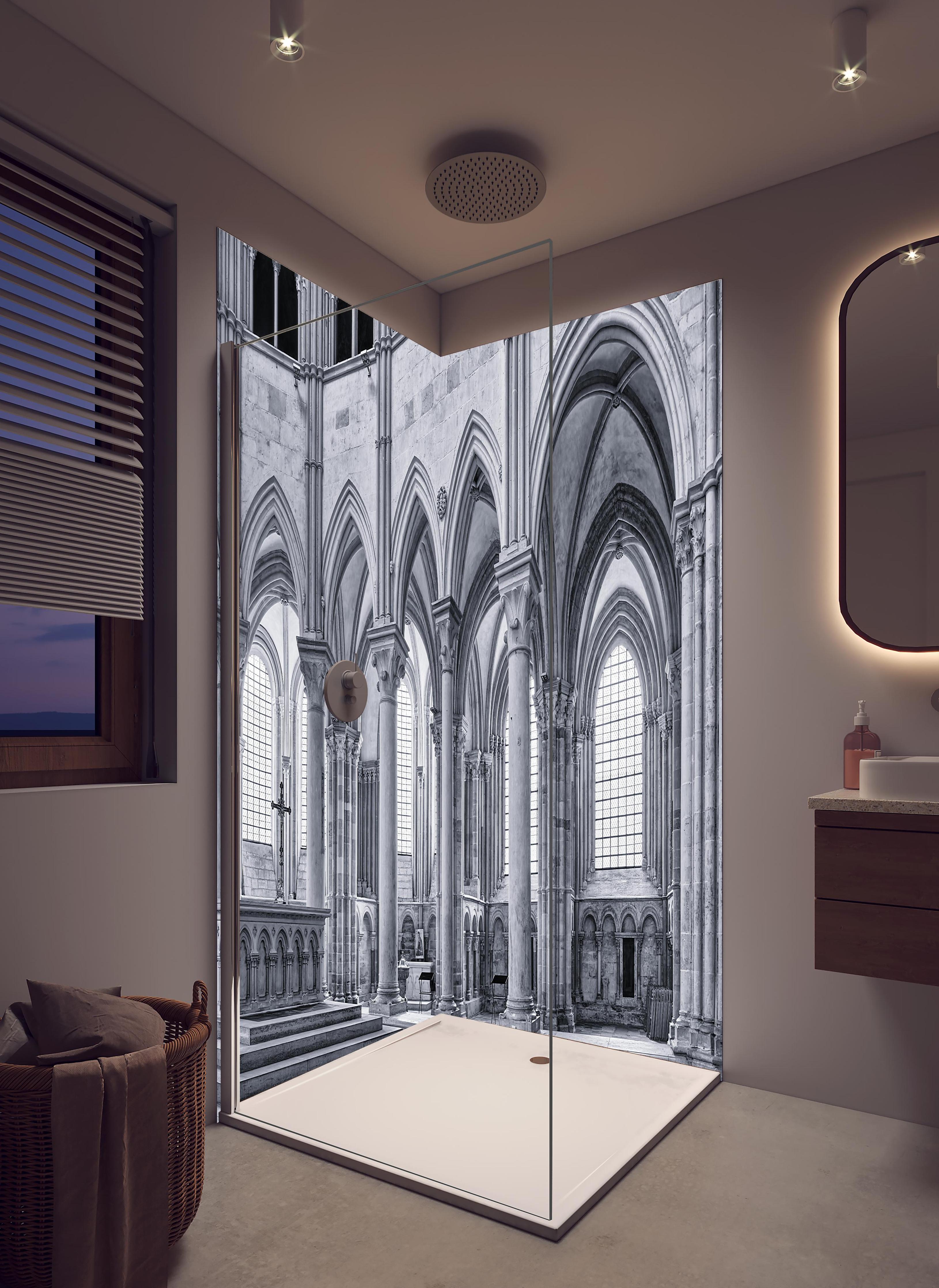 Duschrückwand - Französische Kapelle - Christentum in hellem Badezimmer mit Regenduschkopf - zweiteilige Eck-Duschrückwand