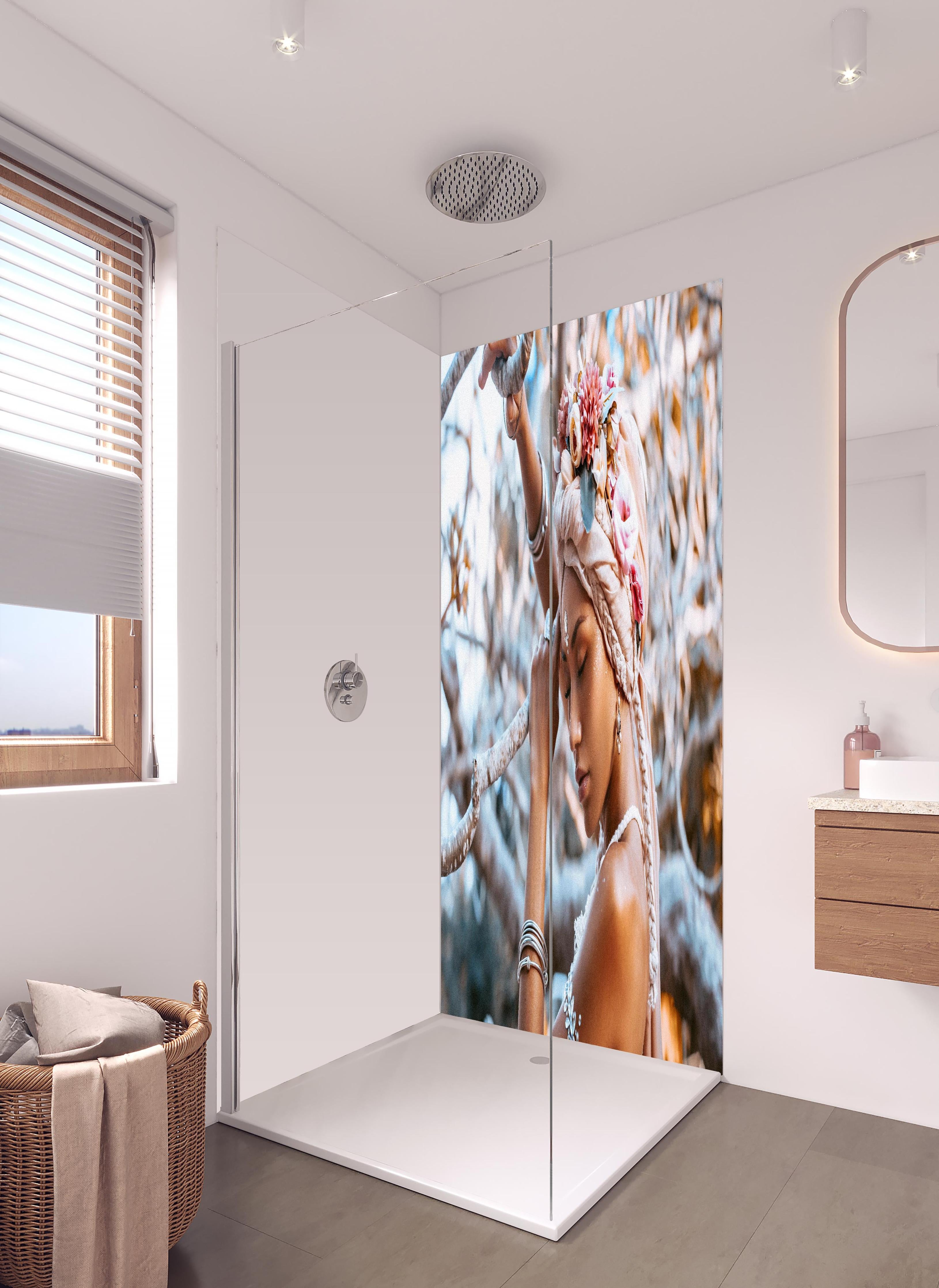 Duschrückwand - Frau mit Blumenkranz in hellem Badezimmer mit Regenduschkopf - zweiteilige Eck-Duschrückwand