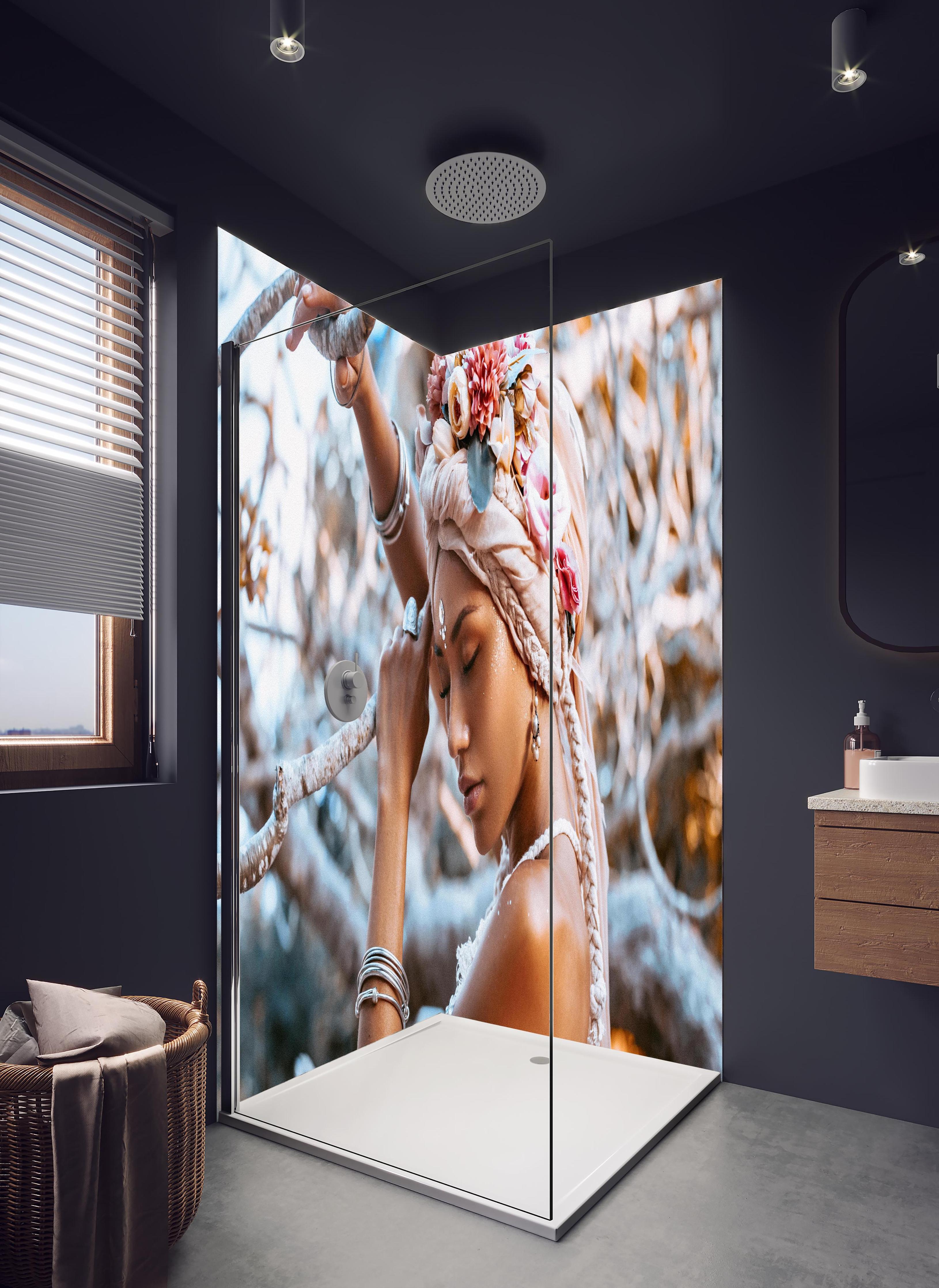 Duschrückwand - Frau mit Blumenkranz in hellem Badezimmer mit Regenduschkopf - zweiteilige Eck-Duschrückwand