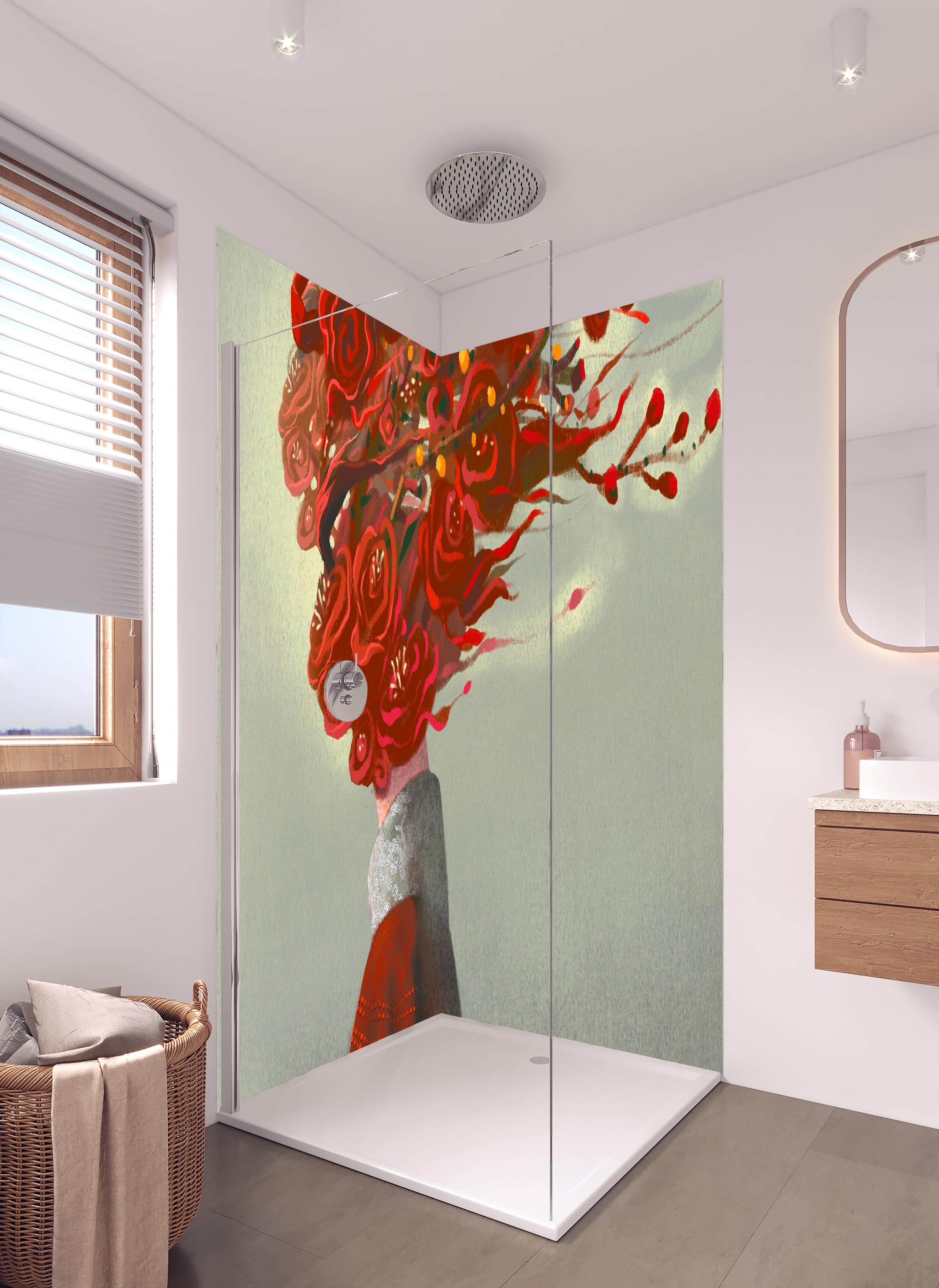 Duschrückwand - Frau mit roten Blumen Kopf in hellem Badezimmer mit Regenduschkopf - zweiteilige Eck-Duschrückwand