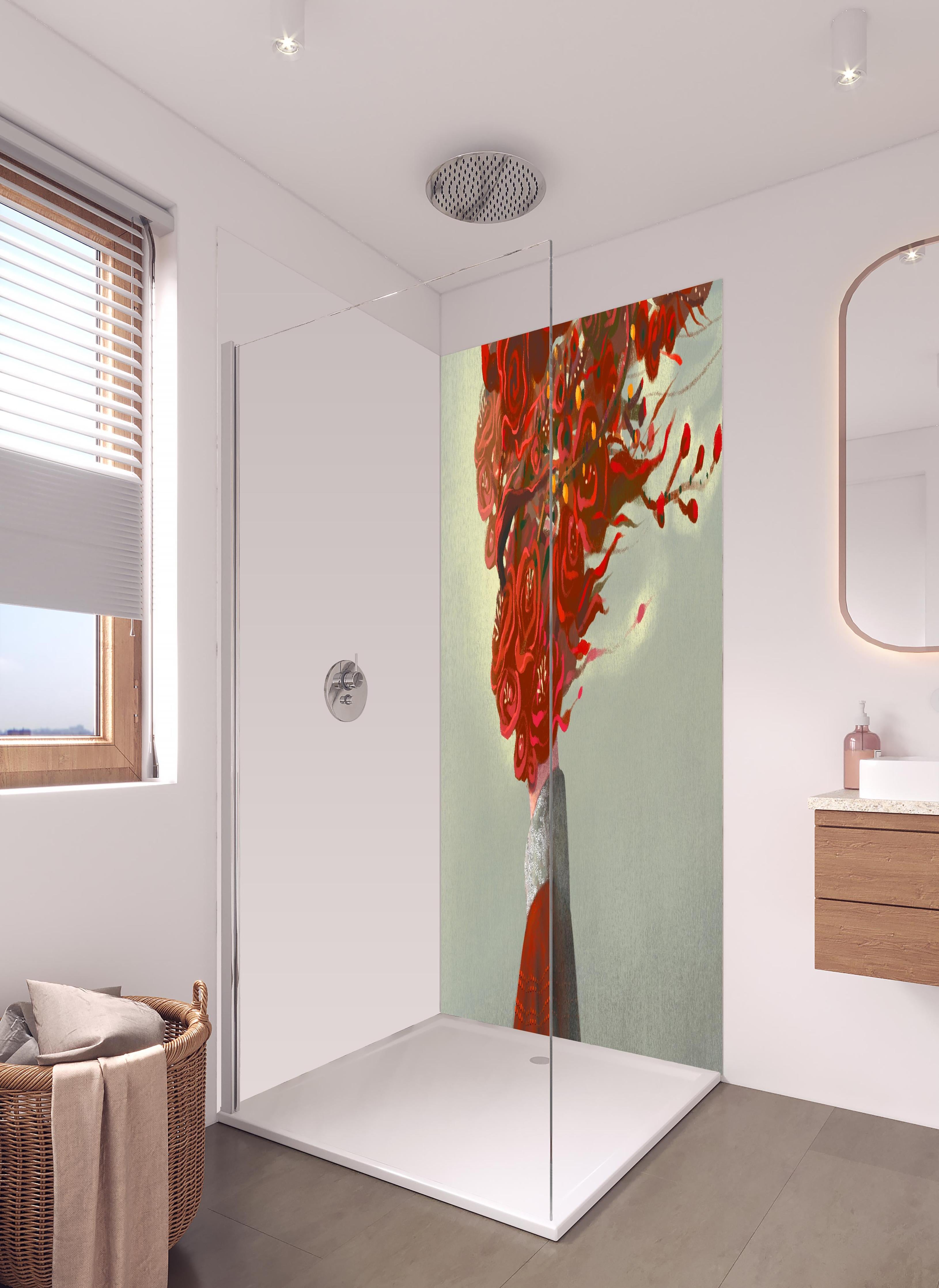 Duschrückwand - Frau mit roten Blumen Kopf in hellem Badezimmer mit Regenduschkopf - zweiteilige Eck-Duschrückwand