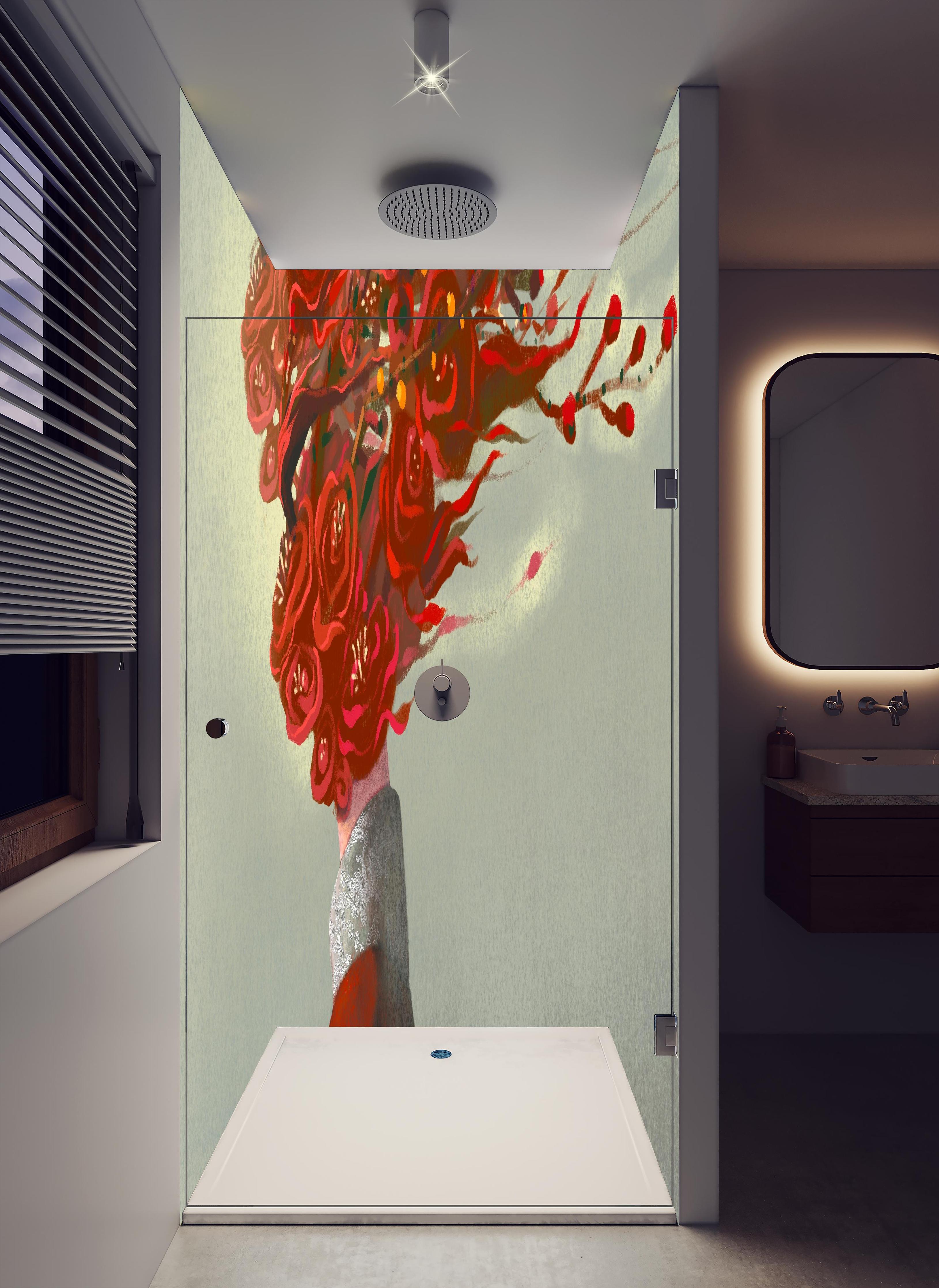 Duschrückwand - Frau mit roten Blumen Kopf in hellem Badezimmer mit Regenduschkopf - zweiteilige Eck-Duschrückwand