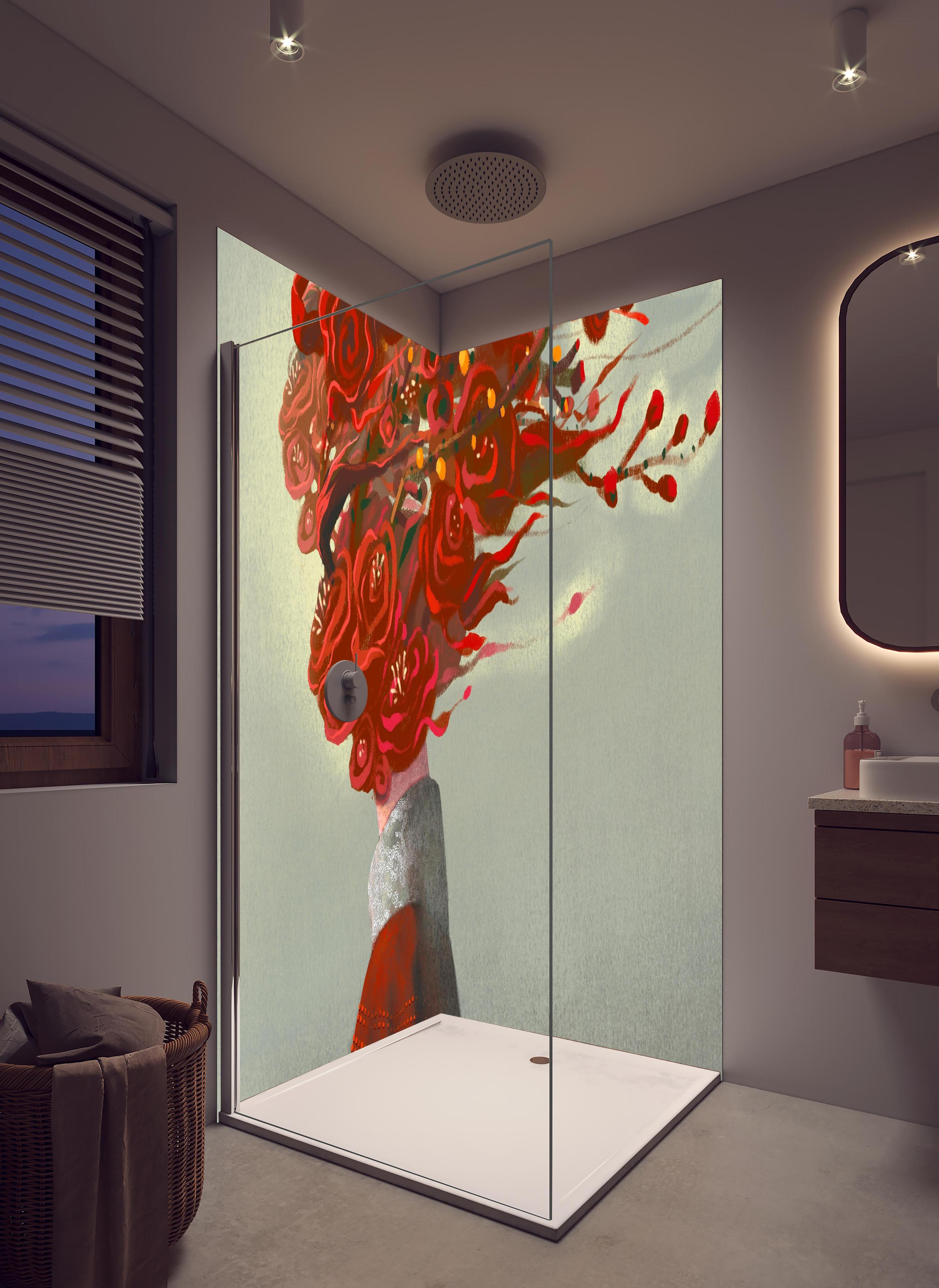 Duschrückwand - Frau mit roten Blumen Kopf in hellem Badezimmer mit Regenduschkopf - zweiteilige Eck-Duschrückwand