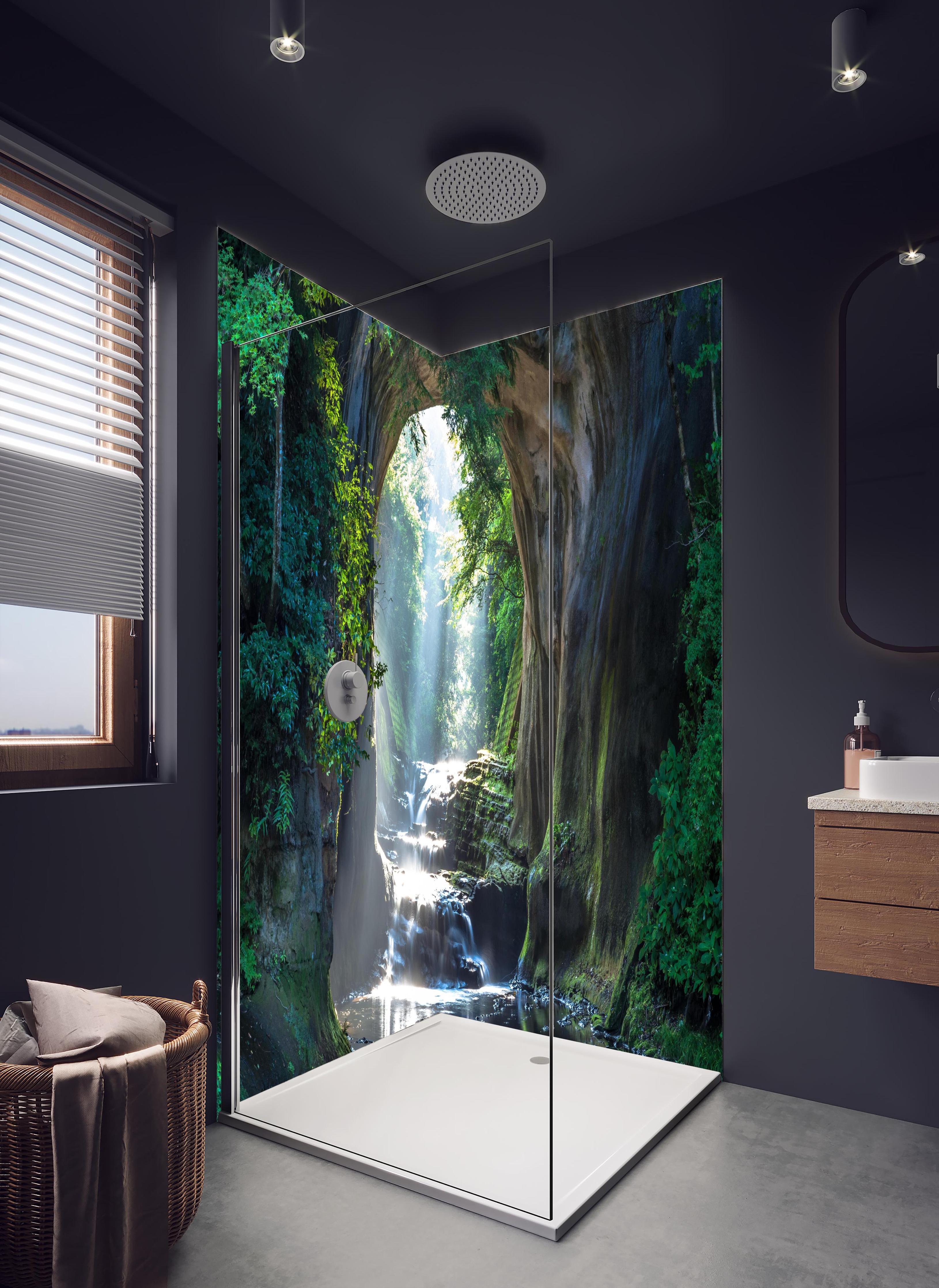 Duschrückwand - Friedlicher Chiba Wasserfall in hellem Badezimmer mit Regenduschkopf - zweiteilige Eck-Duschrückwand