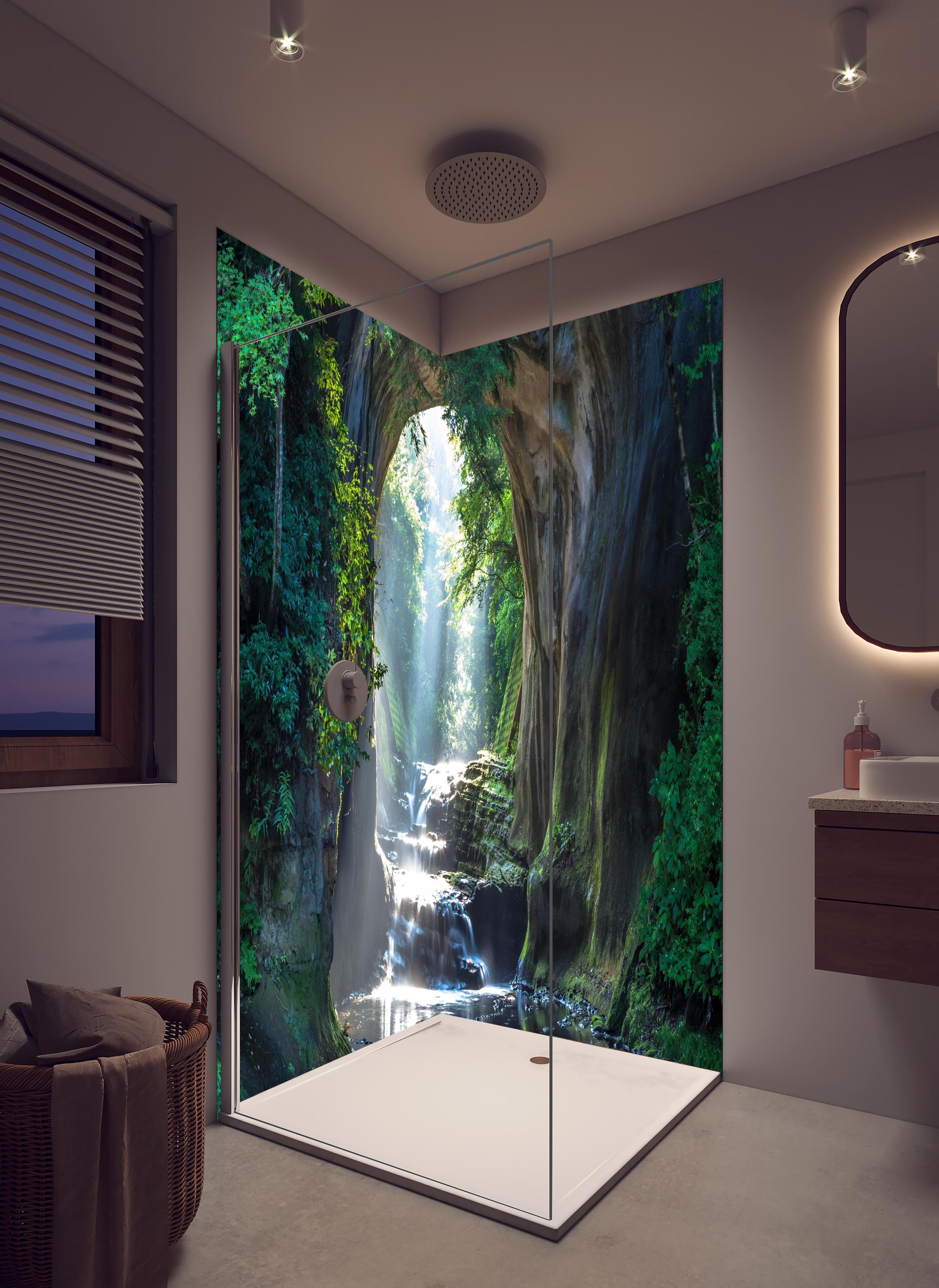 Duschrückwand - Friedlicher Chiba Wasserfall in hellem Badezimmer mit Regenduschkopf - zweiteilige Eck-Duschrückwand