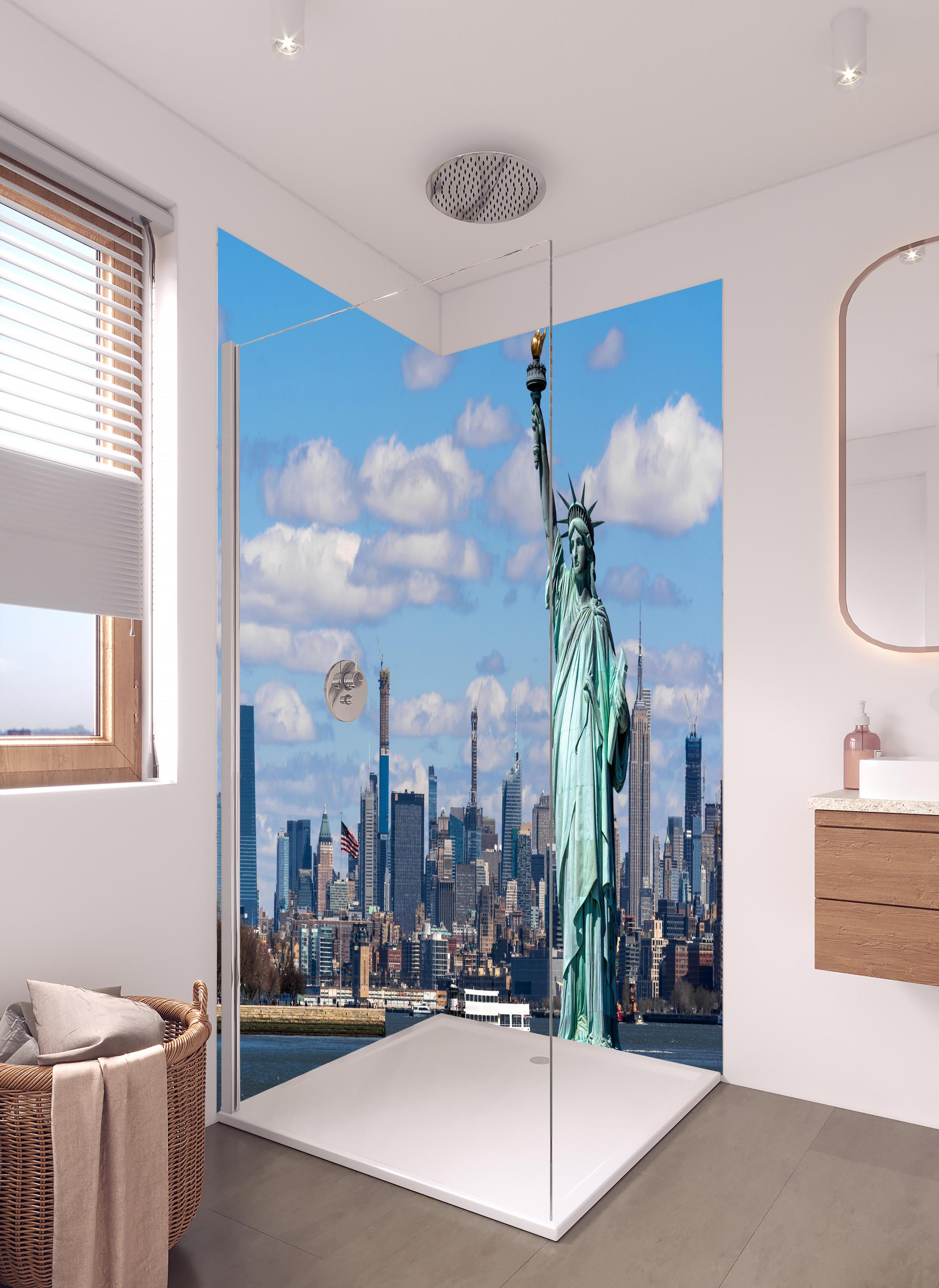 Duschrückwand - Friedlicher Waldausblick im Almenland in hellem Badezimmer mit Regenduschkopf - zweiteilige Eck-Duschrückwand