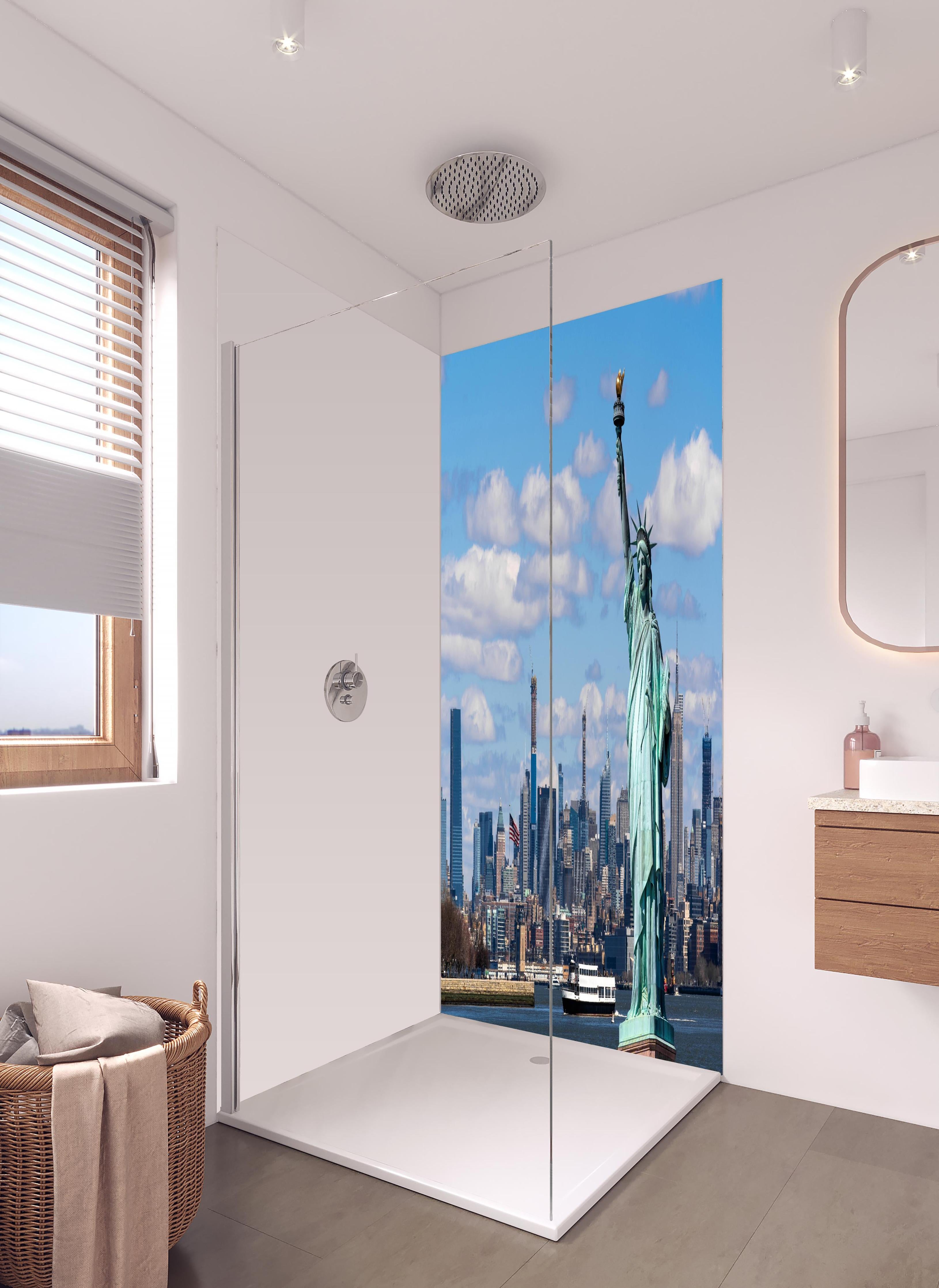 Duschrückwand - Friedlicher Waldausblick im Almenland in hellem Badezimmer mit Regenduschkopf - zweiteilige Eck-Duschrückwand