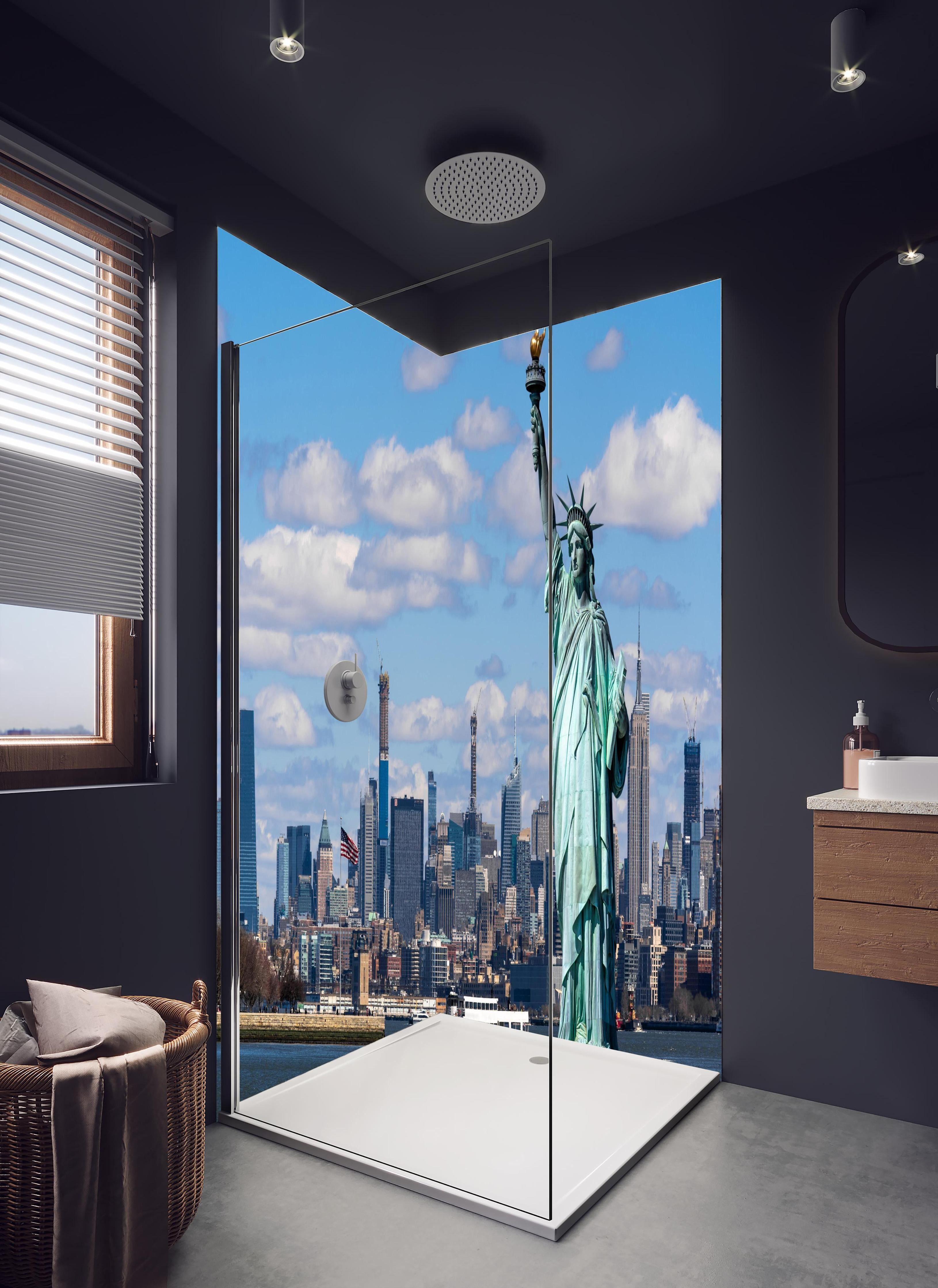 Duschrückwand - Friedlicher Waldausblick im Almenland in hellem Badezimmer mit Regenduschkopf - zweiteilige Eck-Duschrückwand