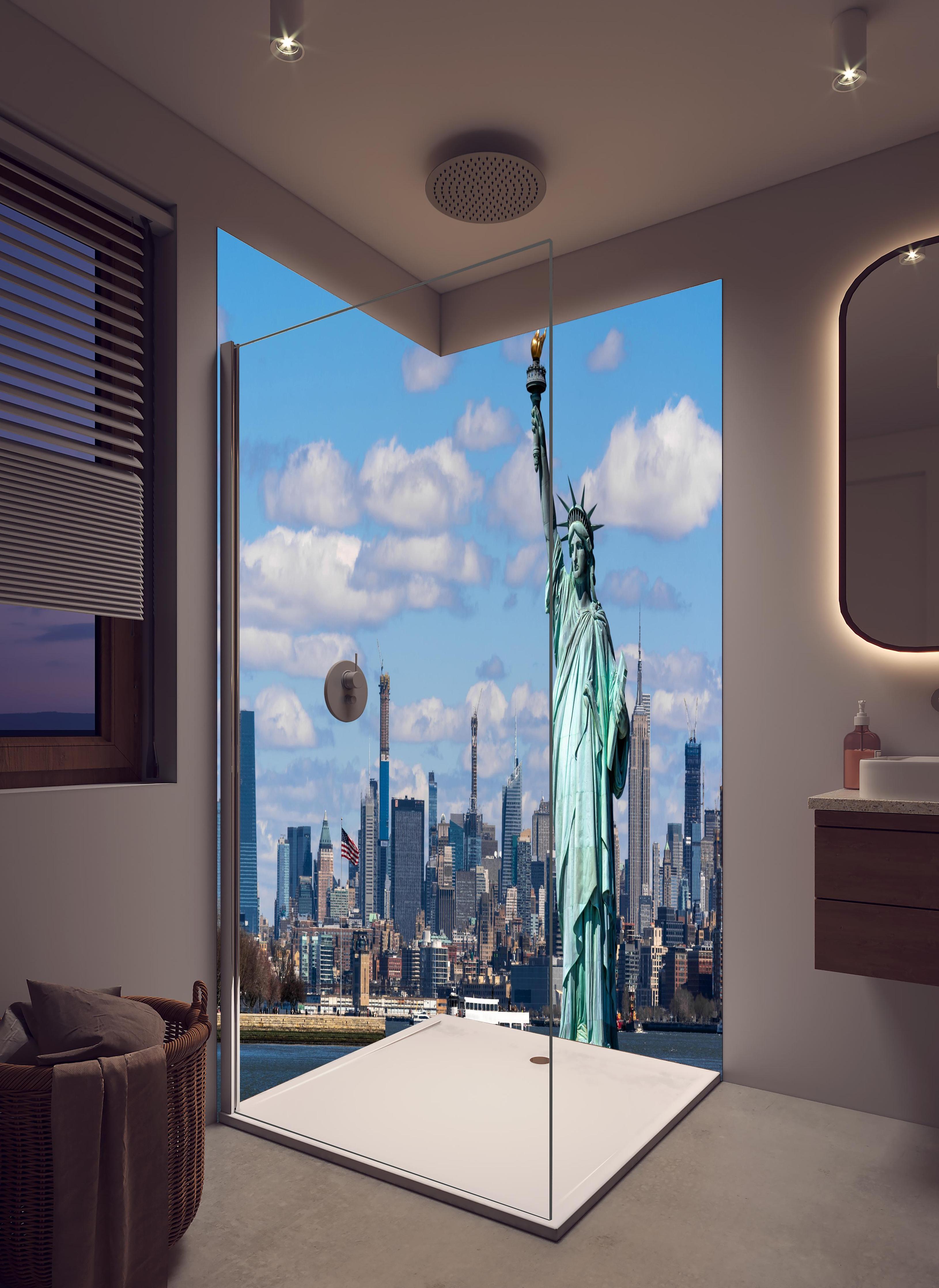 Duschrückwand - Friedlicher Waldausblick im Almenland in hellem Badezimmer mit Regenduschkopf - zweiteilige Eck-Duschrückwand