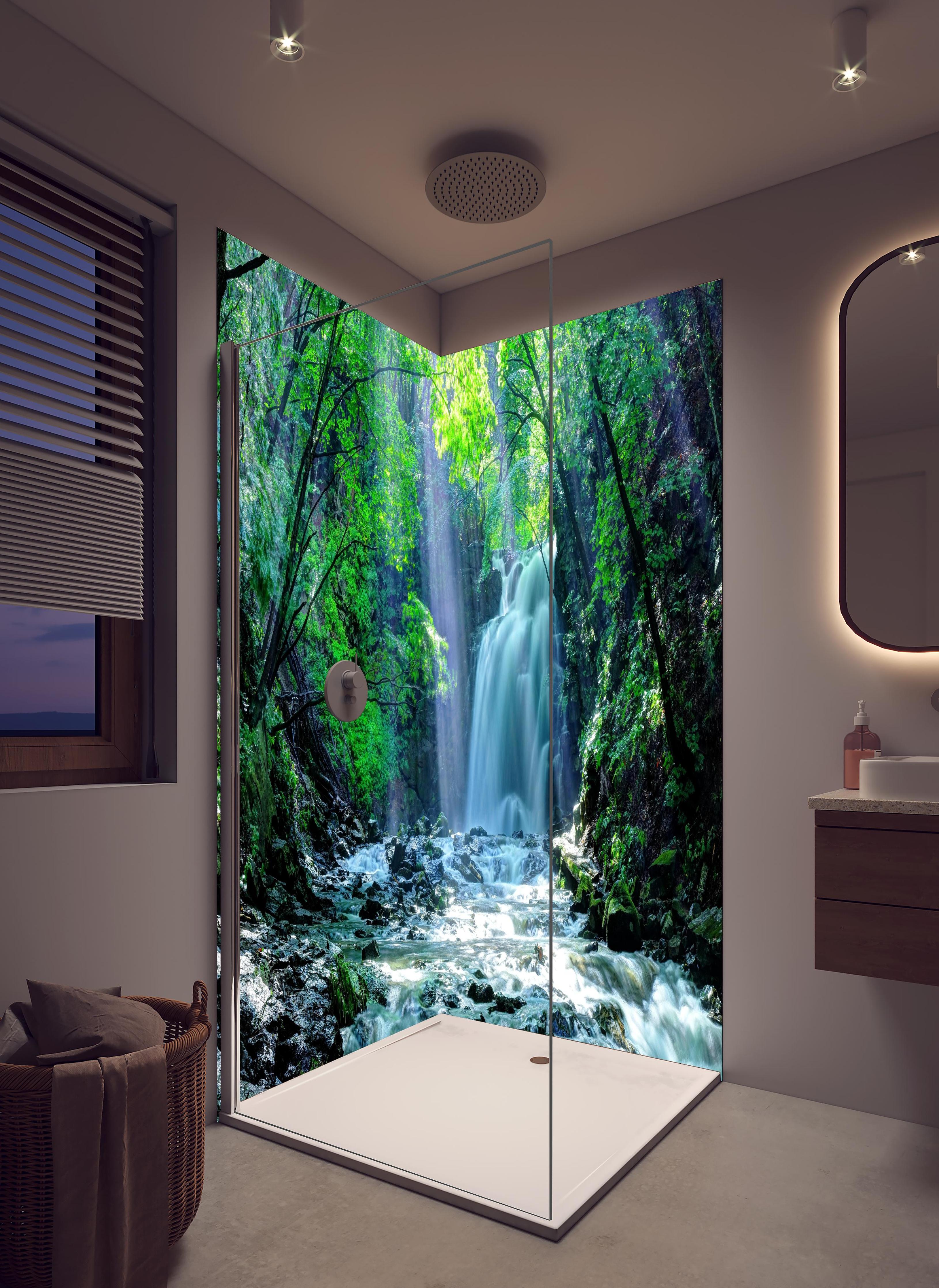 Duschrückwand - Friedlicher Wasserfall im Wald von Asama in hellem Badezimmer mit Regenduschkopf - zweiteilige Eck-Duschrückwand