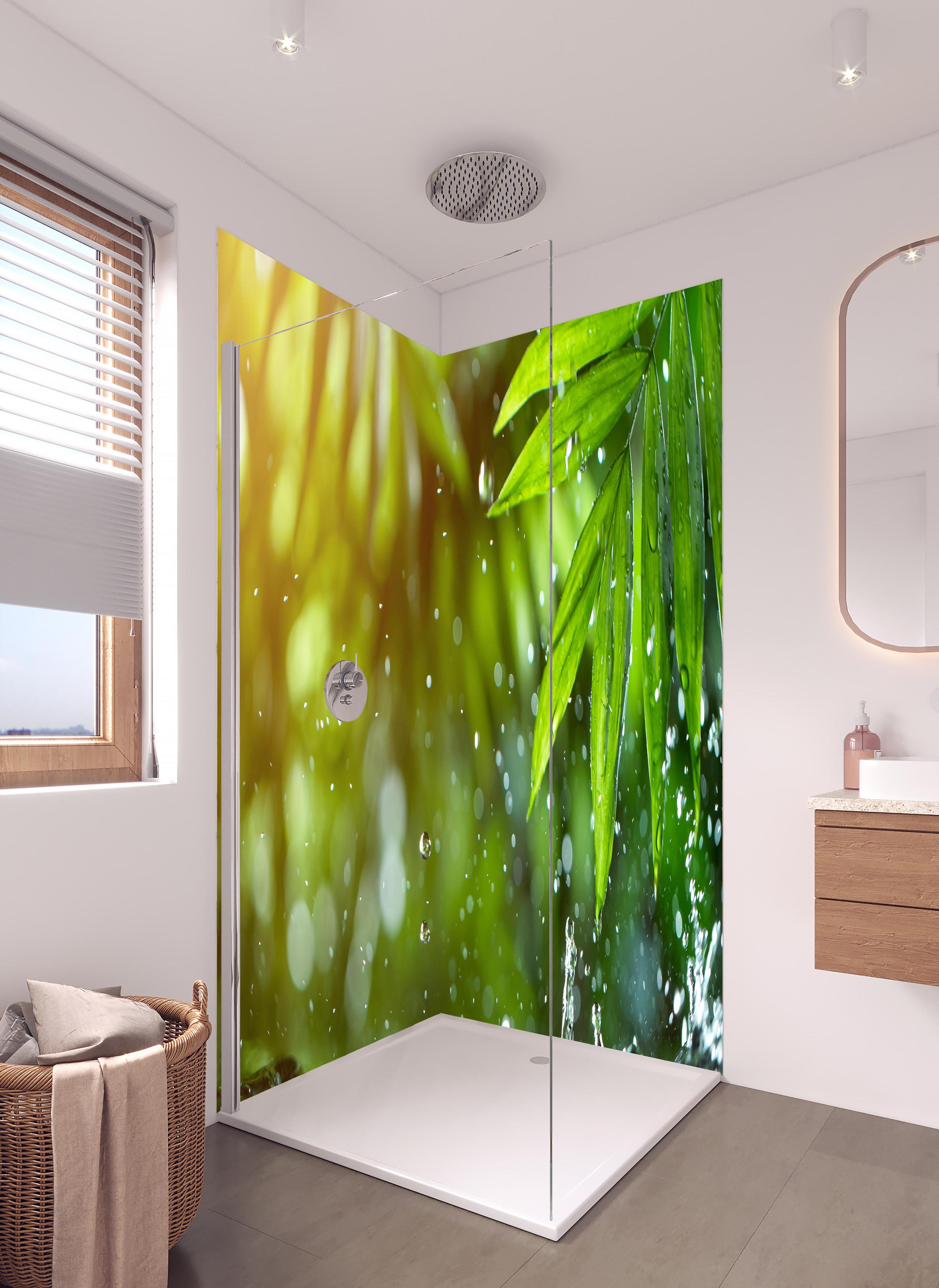Duschrückwand - Frische Blätter mit Wassertropfen in hellem Badezimmer mit Regenduschkopf - zweiteilige Eck-Duschrückwand