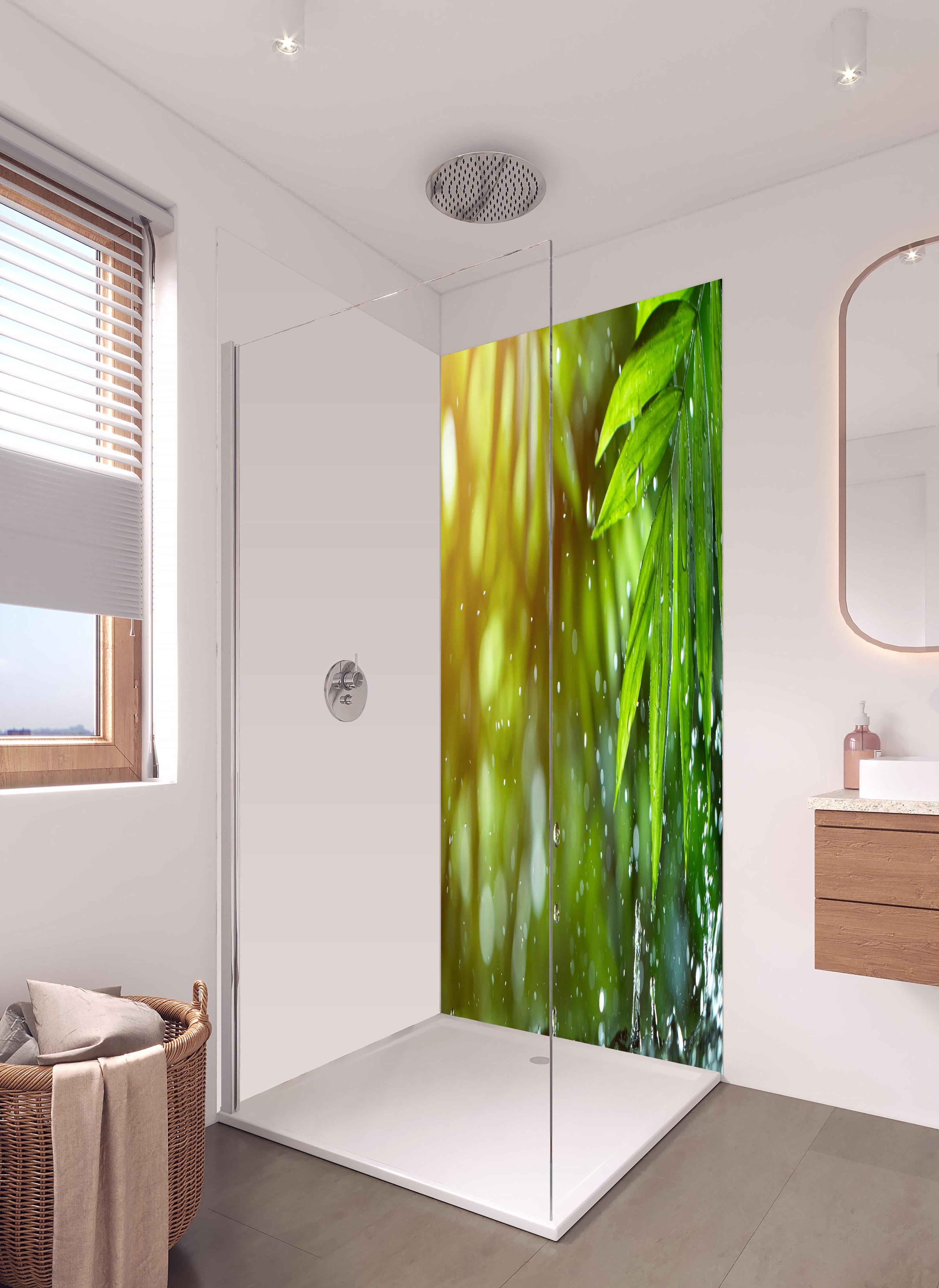 Duschrückwand - Frische Blätter mit Wassertropfen in hellem Badezimmer mit Regenduschkopf - zweiteilige Eck-Duschrückwand