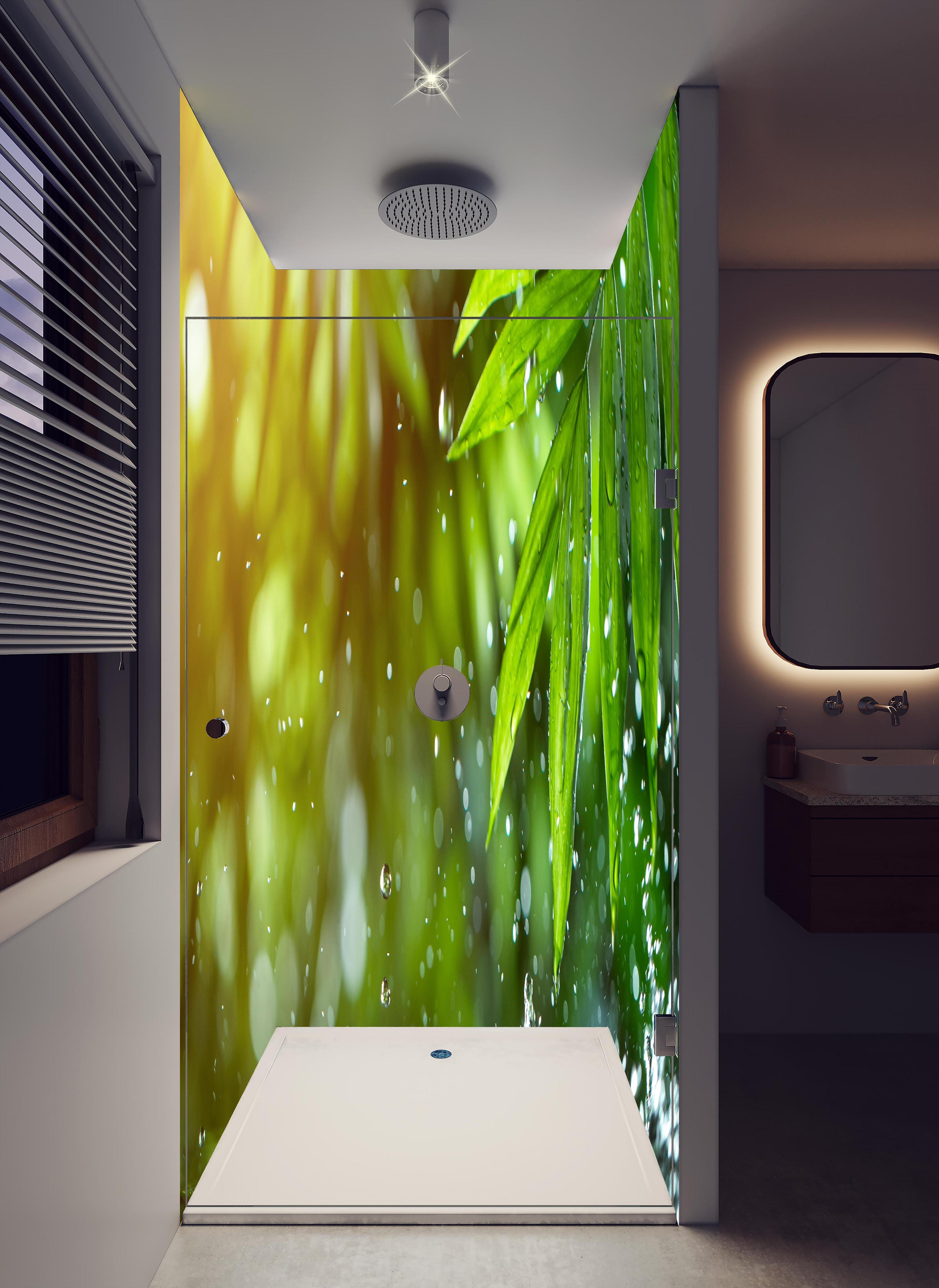 Duschrückwand - Frische Blätter mit Wassertropfen in hellem Badezimmer mit Regenduschkopf - zweiteilige Eck-Duschrückwand