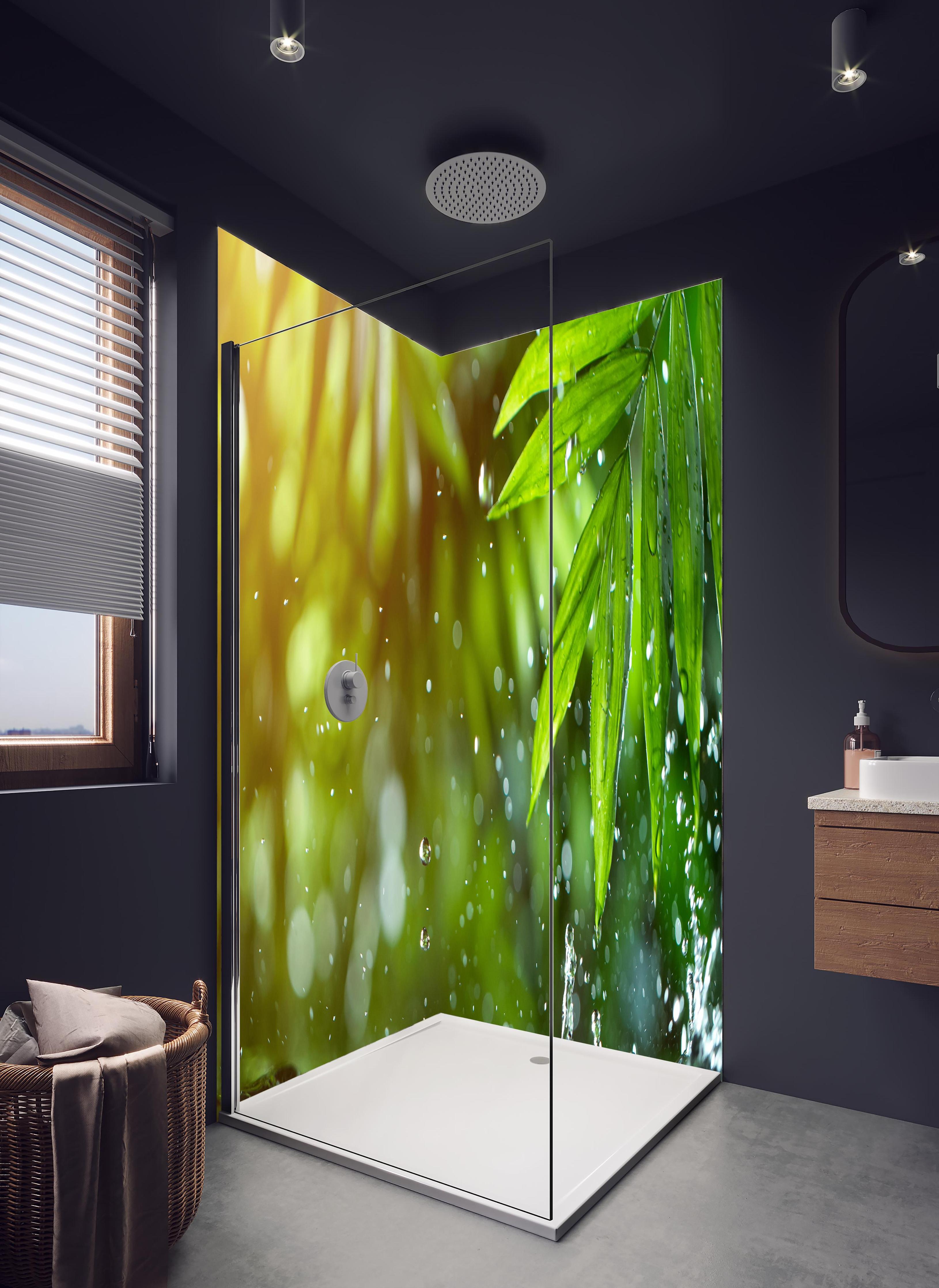 Duschrückwand - Frische Blätter mit Wassertropfen in hellem Badezimmer mit Regenduschkopf - zweiteilige Eck-Duschrückwand