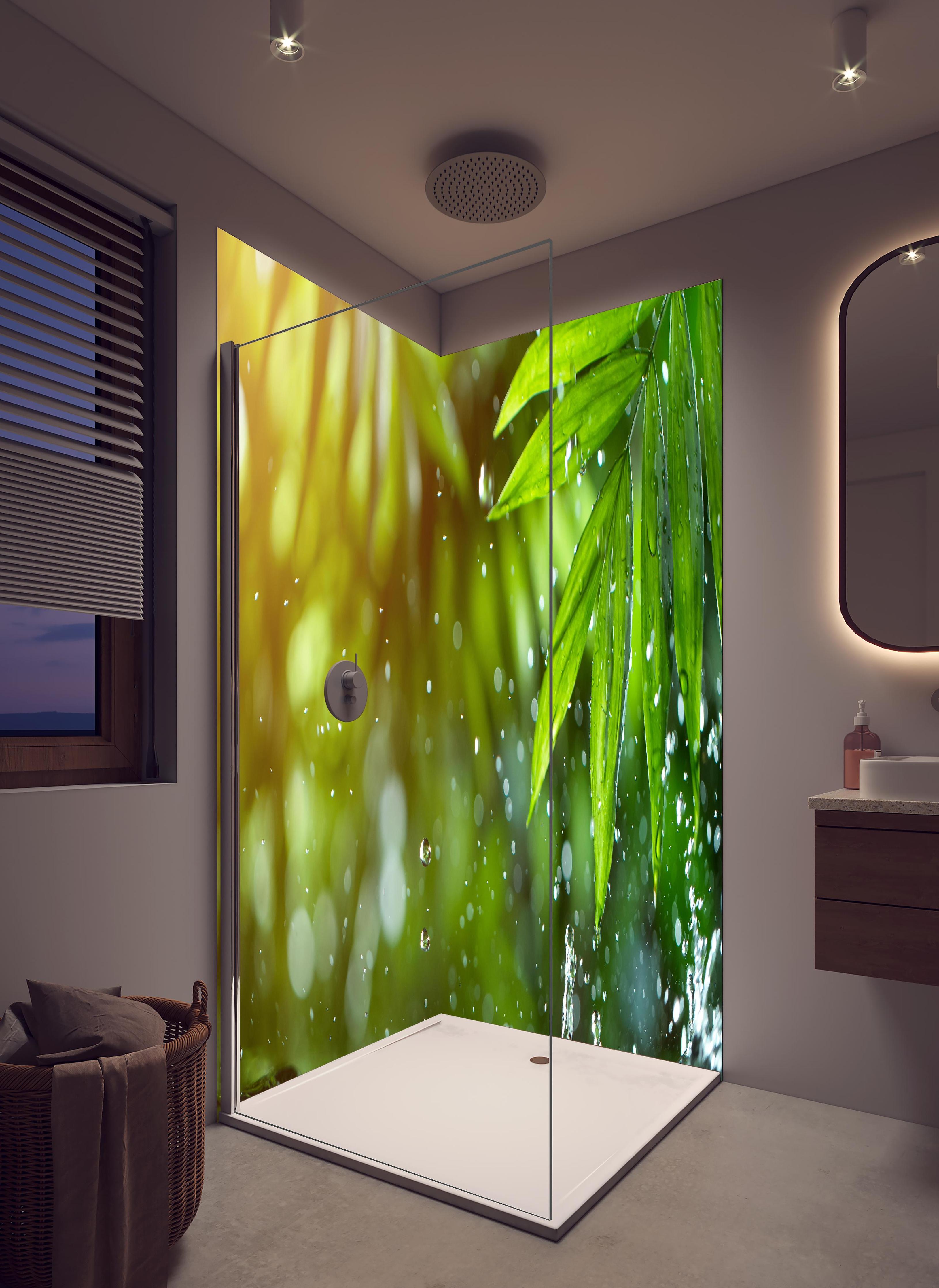 Duschrückwand - Frische Blätter mit Wassertropfen in hellem Badezimmer mit Regenduschkopf - zweiteilige Eck-Duschrückwand