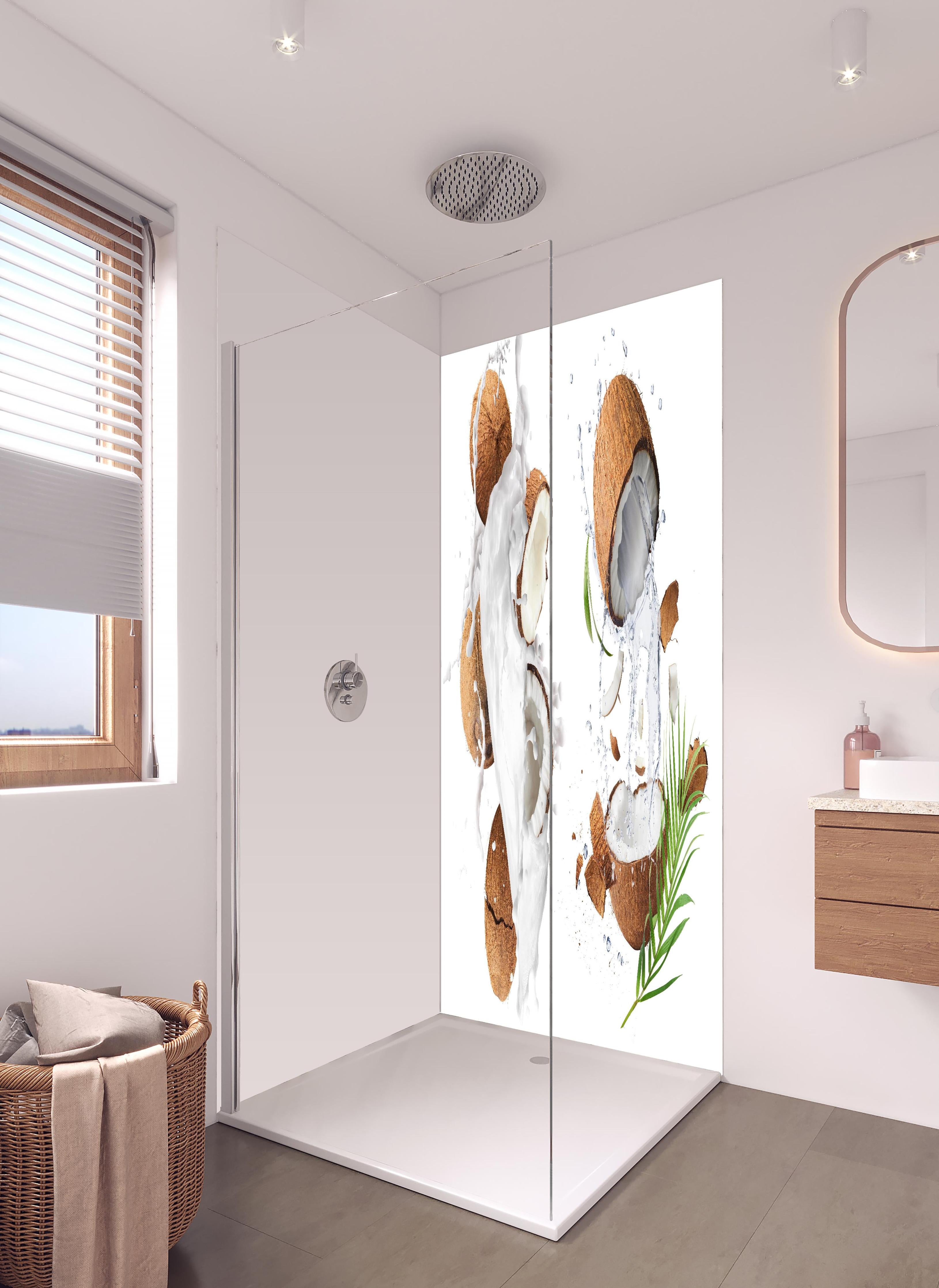 Duschrückwand - Frische Kokosnüsse in hellem Badezimmer mit Regenduschkopf - zweiteilige Eck-Duschrückwand