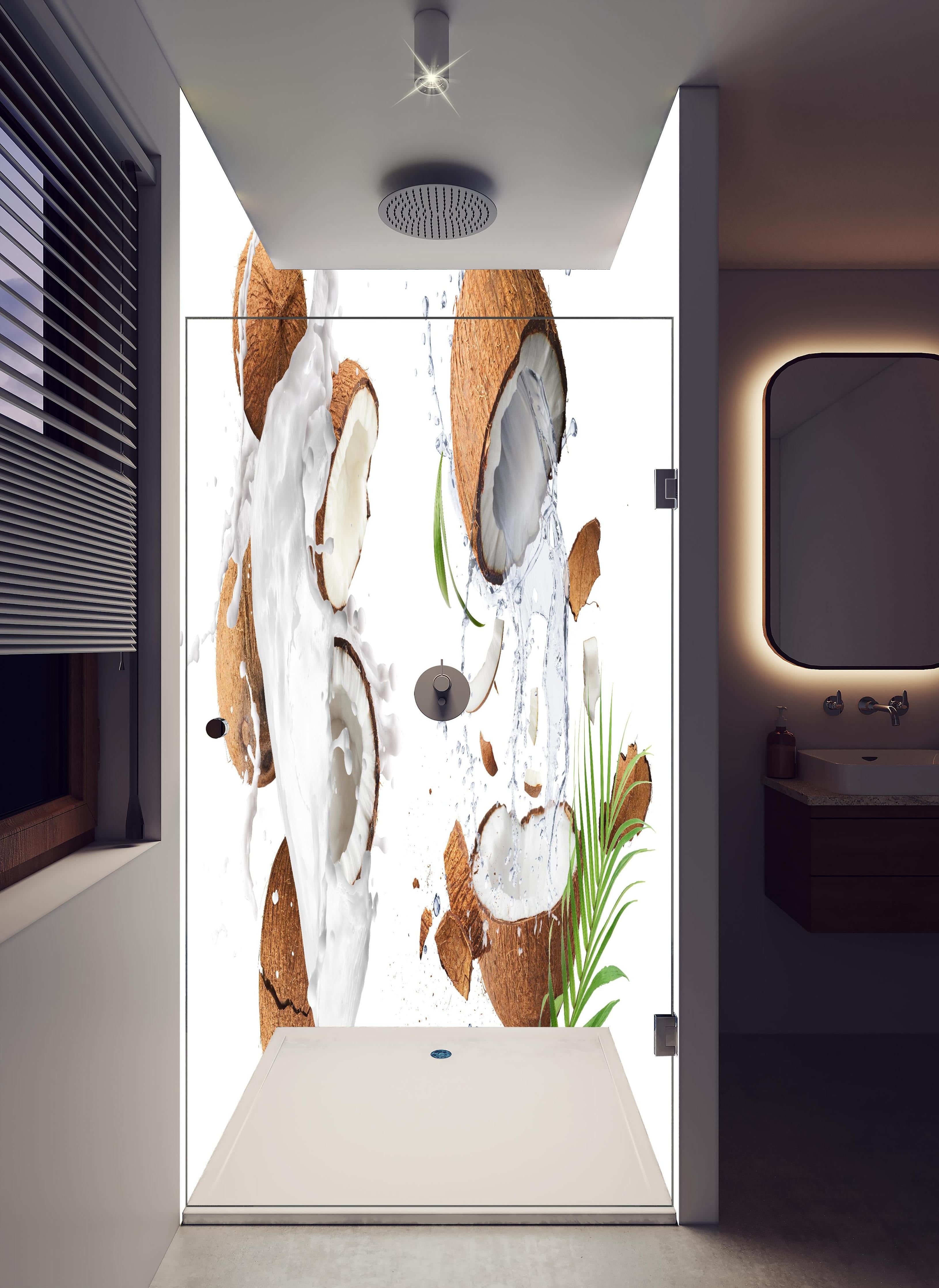 Duschrückwand - Frische Kokosnüsse in hellem Badezimmer mit Regenduschkopf - zweiteilige Eck-Duschrückwand