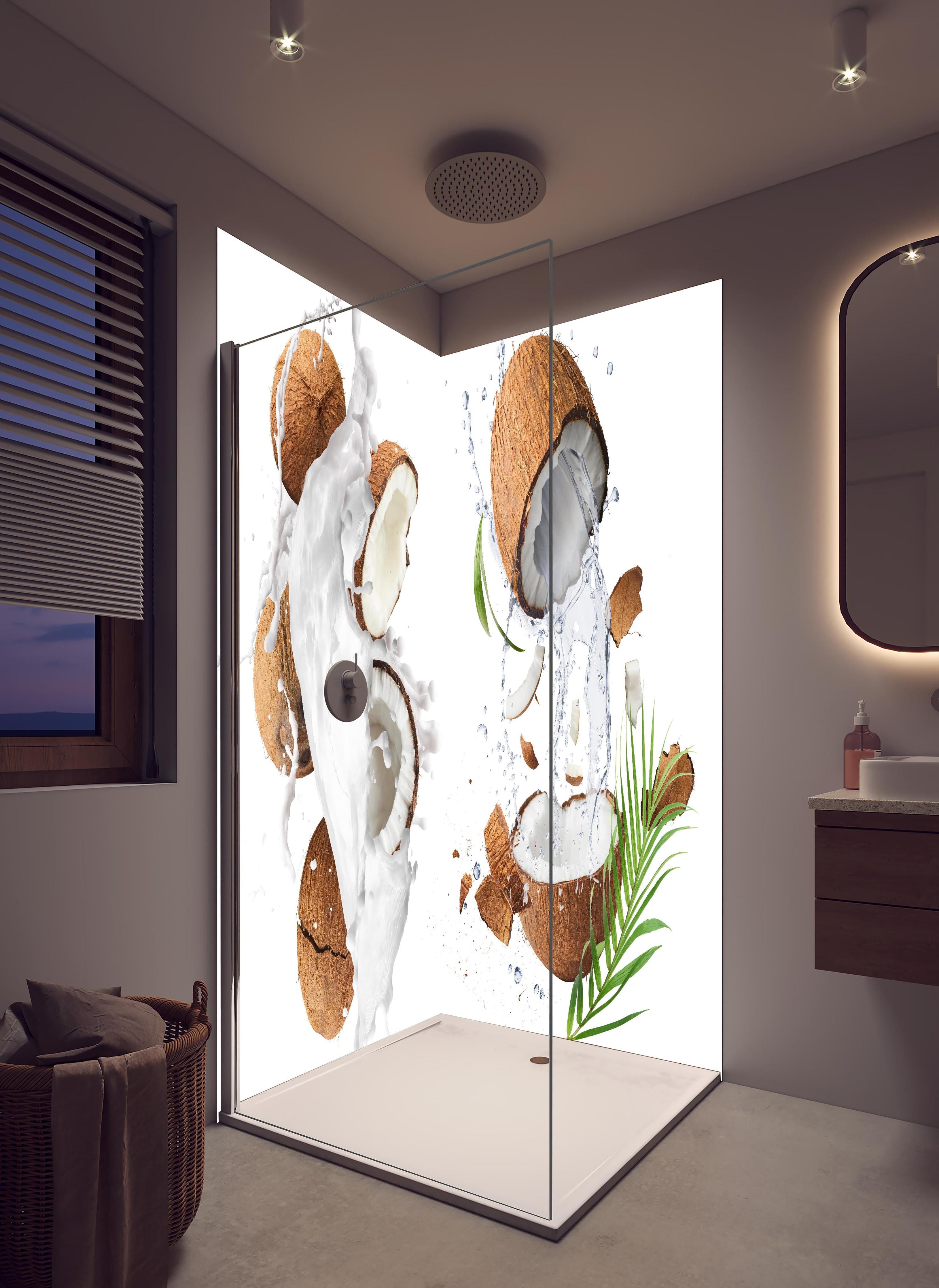 Duschrückwand - Frische Kokosnüsse in hellem Badezimmer mit Regenduschkopf - zweiteilige Eck-Duschrückwand