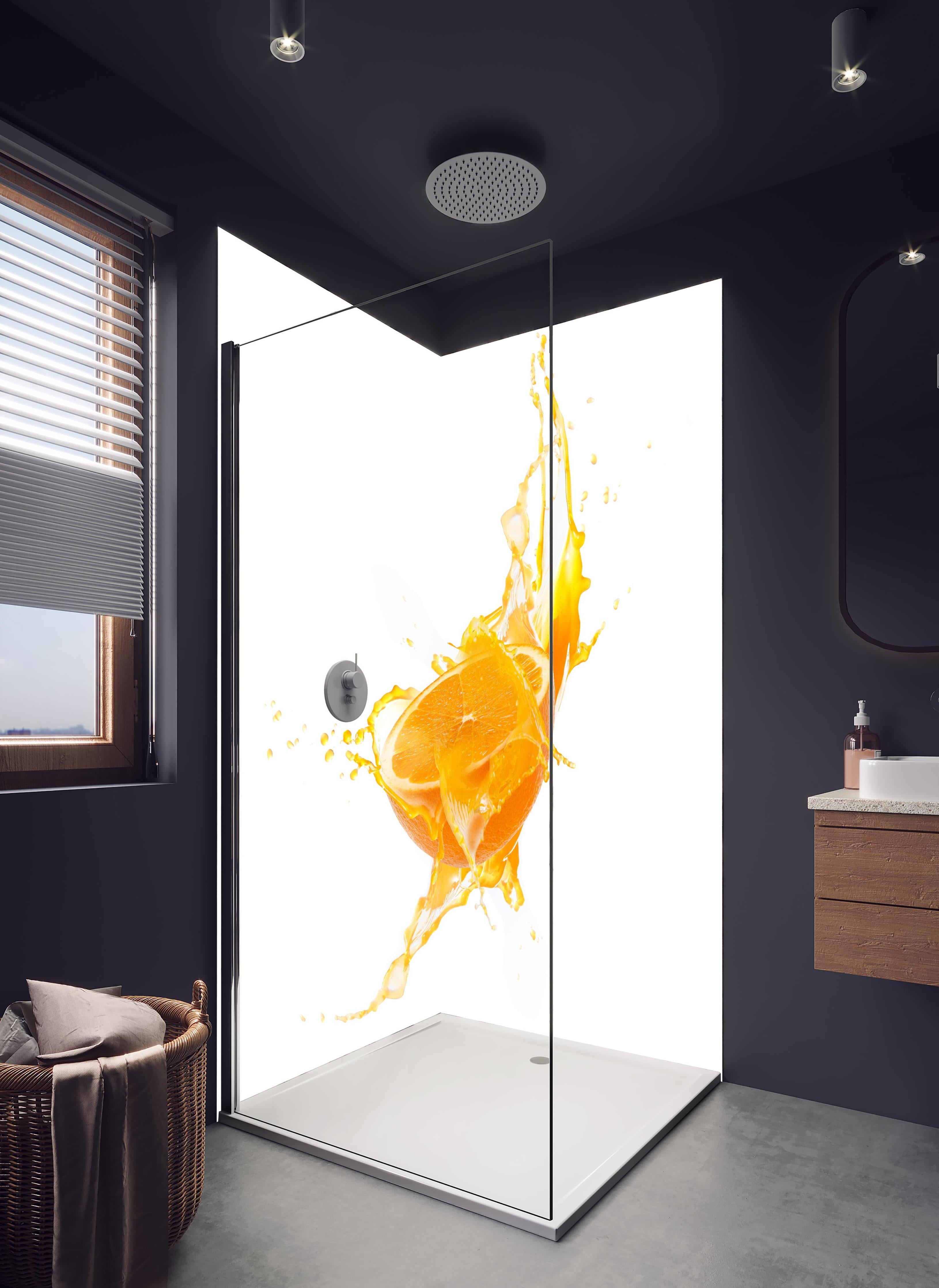 Duschrückwand - Frische Orangen-Hälfte mit Spritzwasser in hellem Badezimmer mit Regenduschkopf - zweiteilige Eck-Duschrückwand