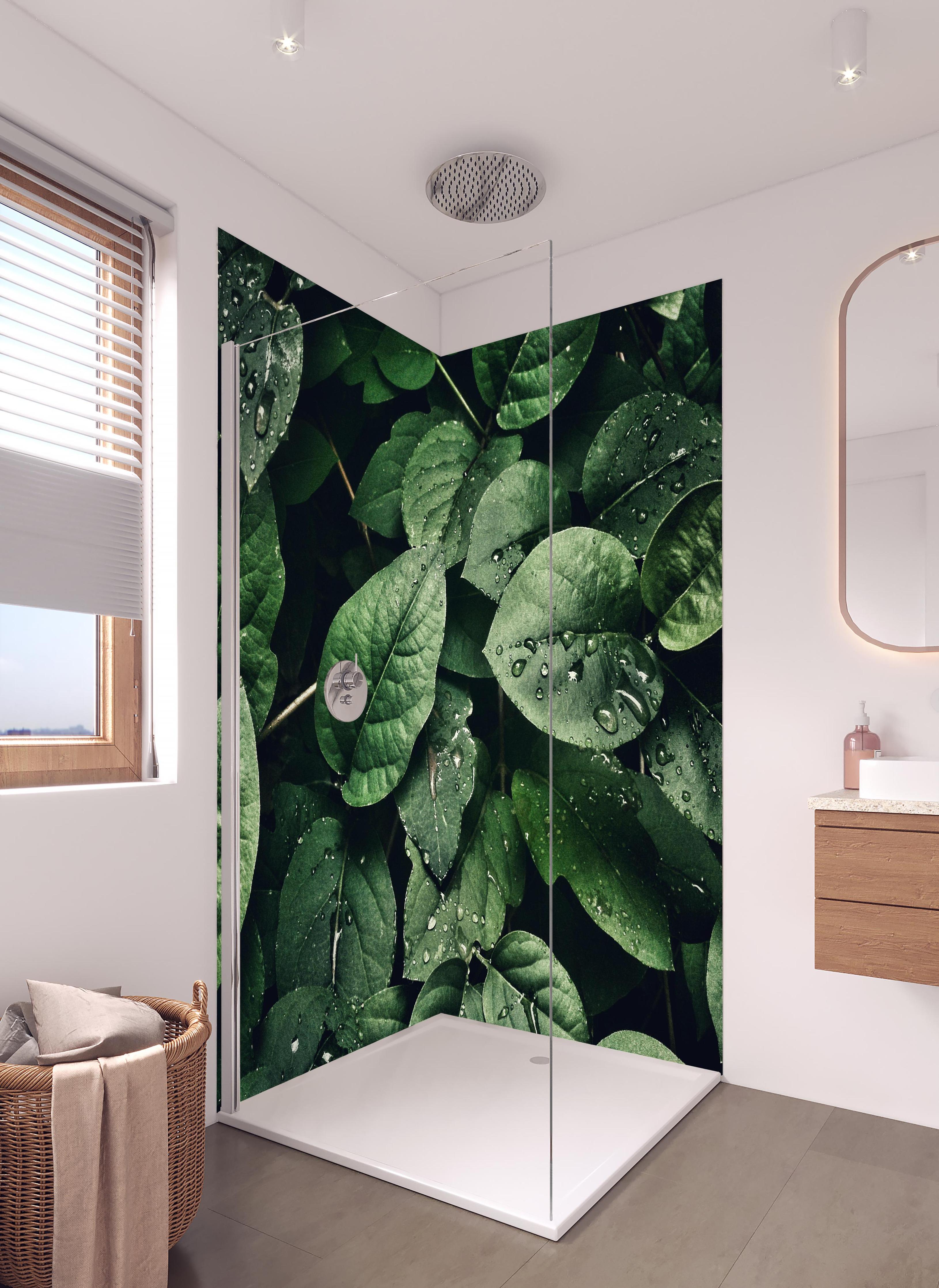 Duschrückwand - Frische Tropfen auf dunklen Blättern in hellem Badezimmer mit Regenduschkopf - zweiteilige Eck-Duschrückwand