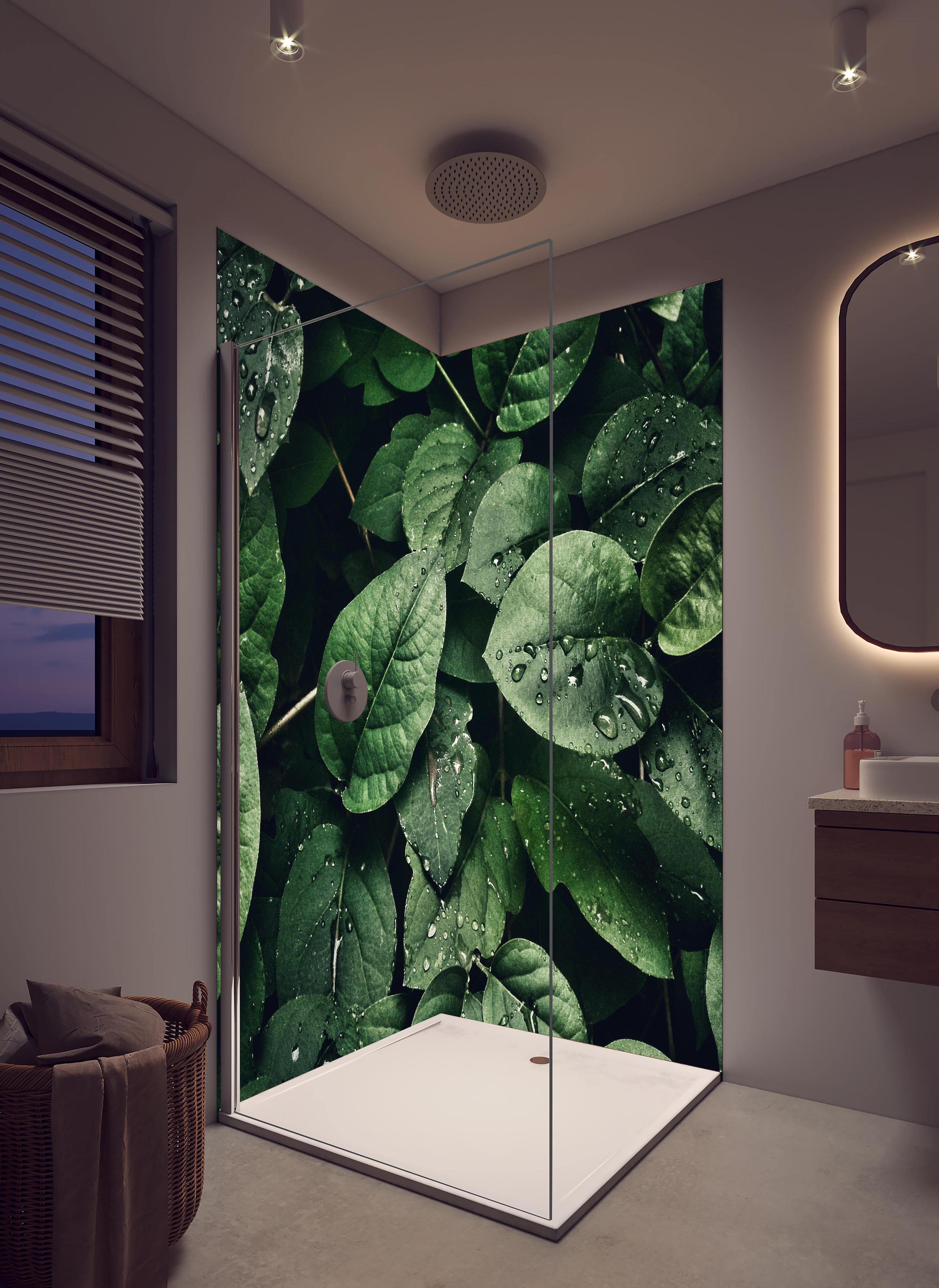 Duschrückwand - Frische Tropfen auf dunklen Blättern in hellem Badezimmer mit Regenduschkopf - zweiteilige Eck-Duschrückwand