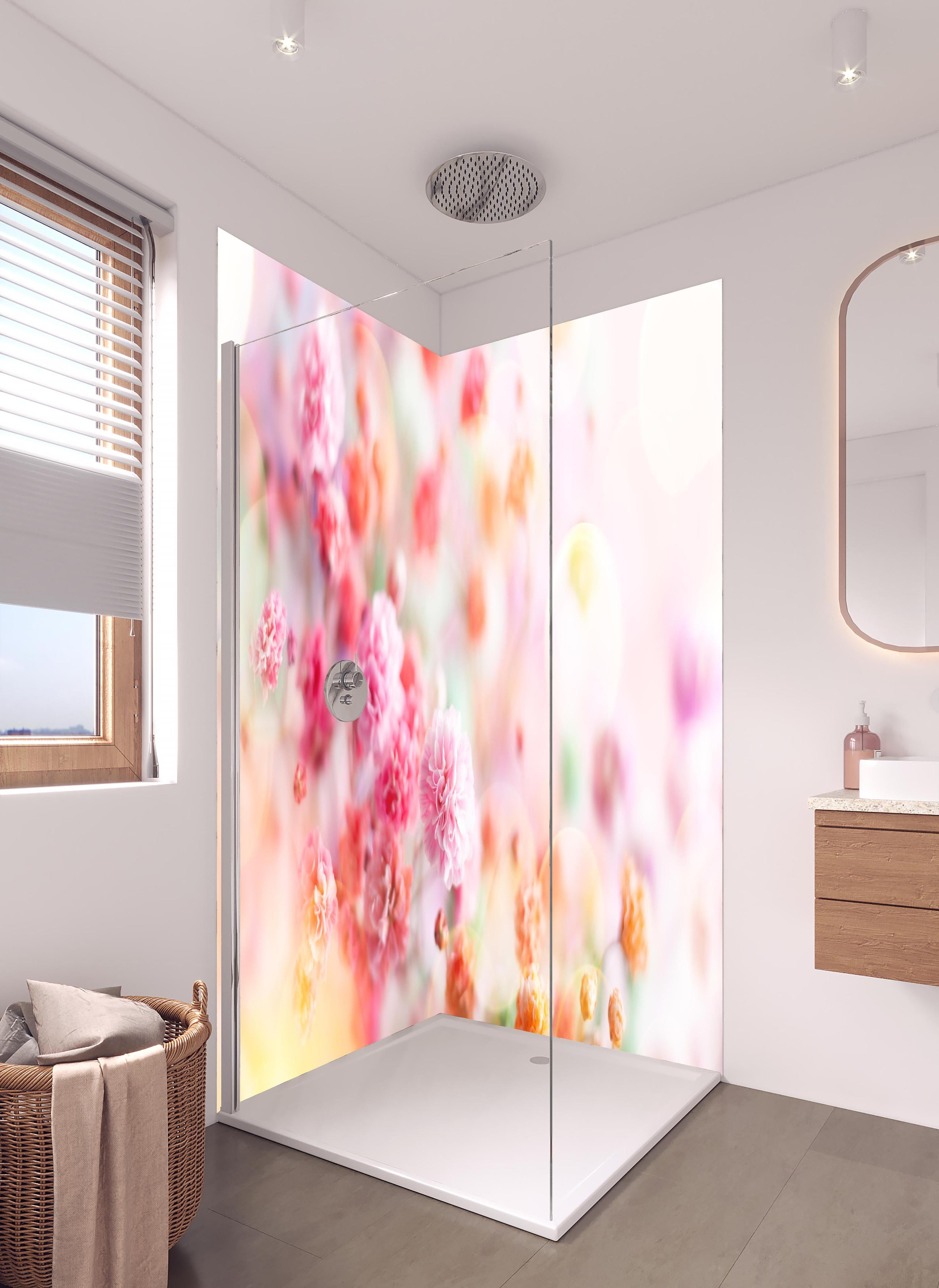 Duschrückwand - Frische rosa Frühlingsblumen in hellem Badezimmer mit Regenduschkopf - zweiteilige Eck-Duschrückwand