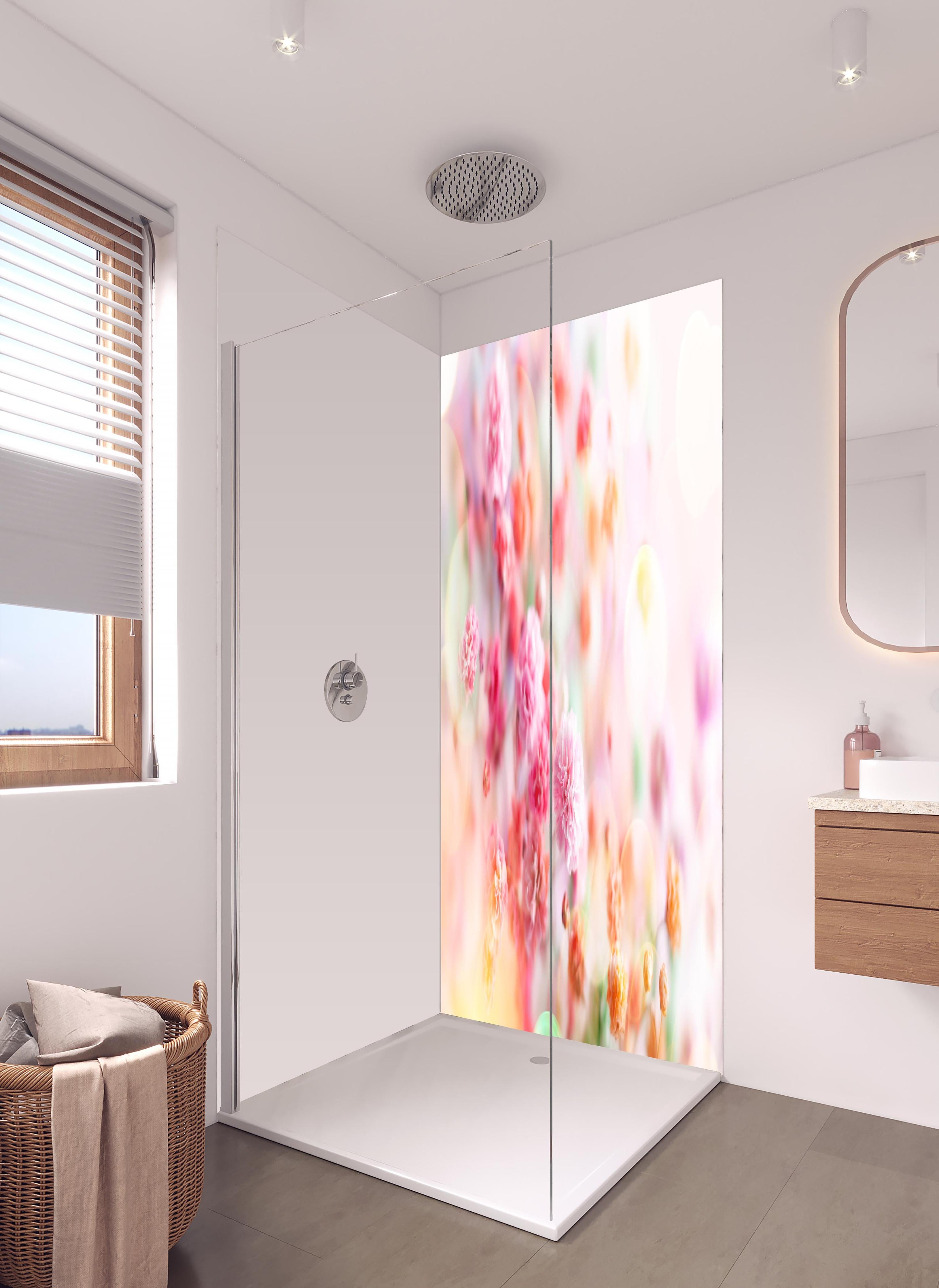 Duschrückwand - Frische rosa Frühlingsblumen in hellem Badezimmer mit Regenduschkopf - zweiteilige Eck-Duschrückwand