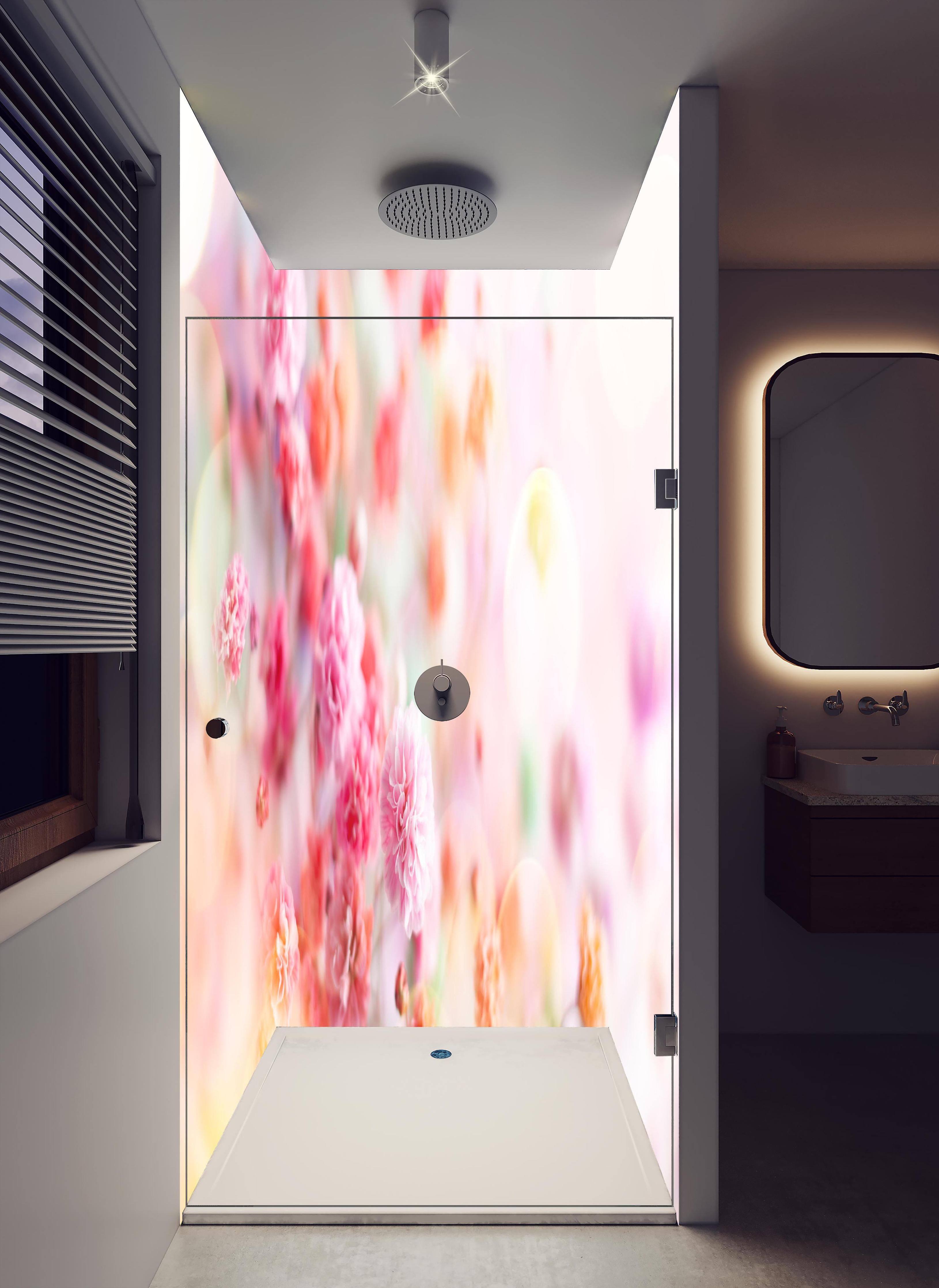 Duschrückwand - Frische rosa Frühlingsblumen in hellem Badezimmer mit Regenduschkopf - zweiteilige Eck-Duschrückwand