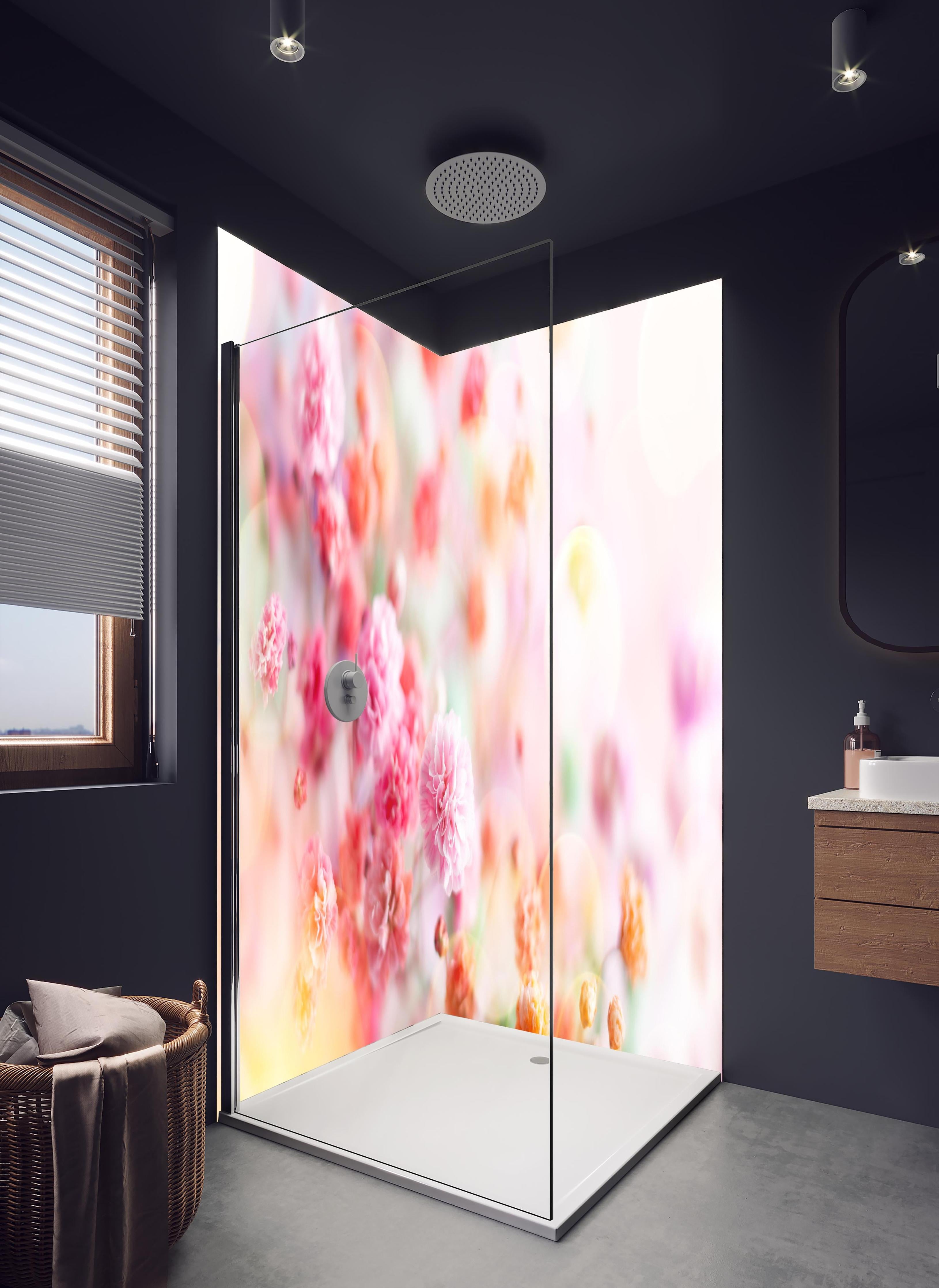Duschrückwand - Frische rosa Frühlingsblumen in hellem Badezimmer mit Regenduschkopf - zweiteilige Eck-Duschrückwand