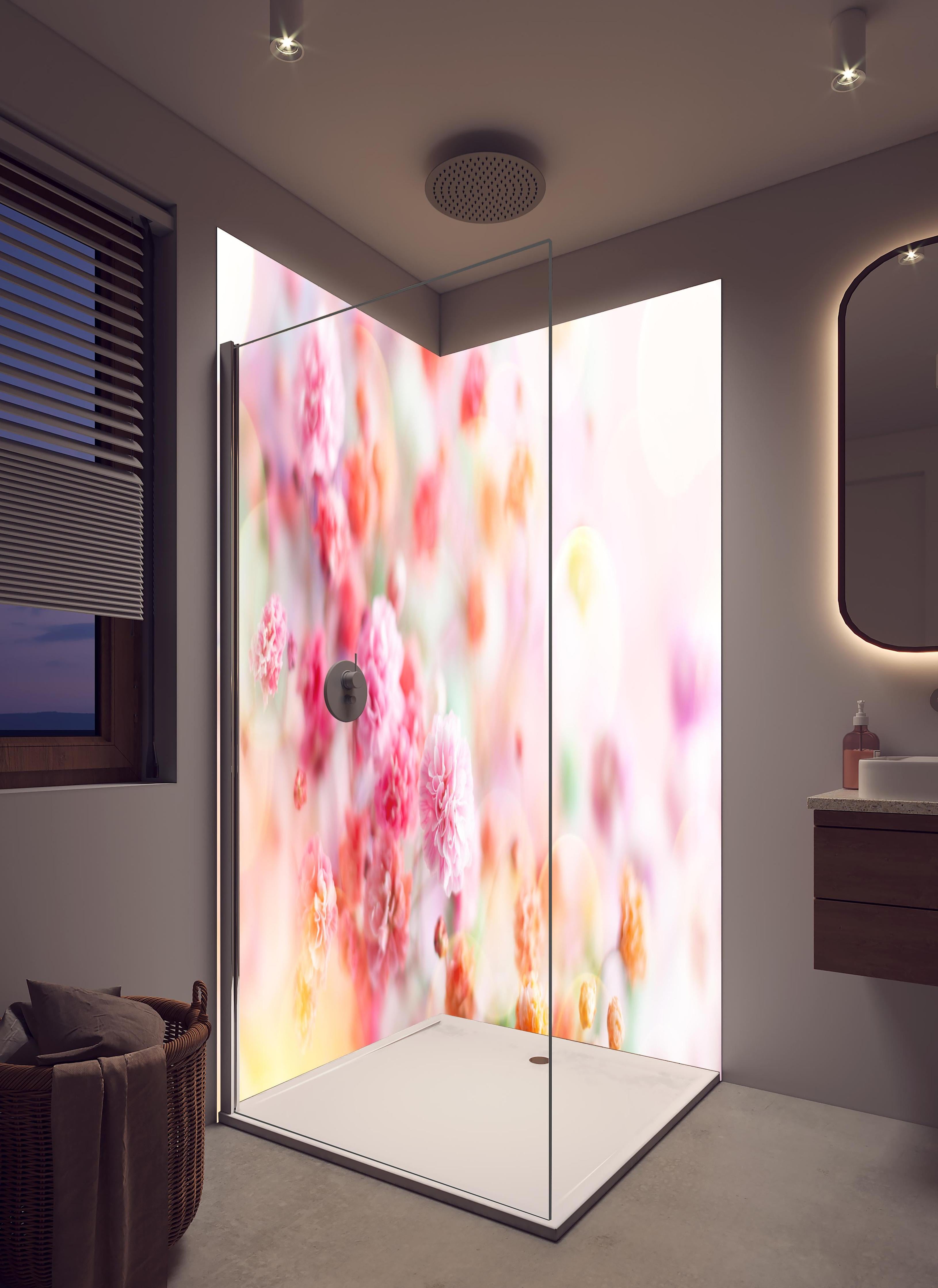 Duschrückwand - Frische rosa Frühlingsblumen in hellem Badezimmer mit Regenduschkopf - zweiteilige Eck-Duschrückwand