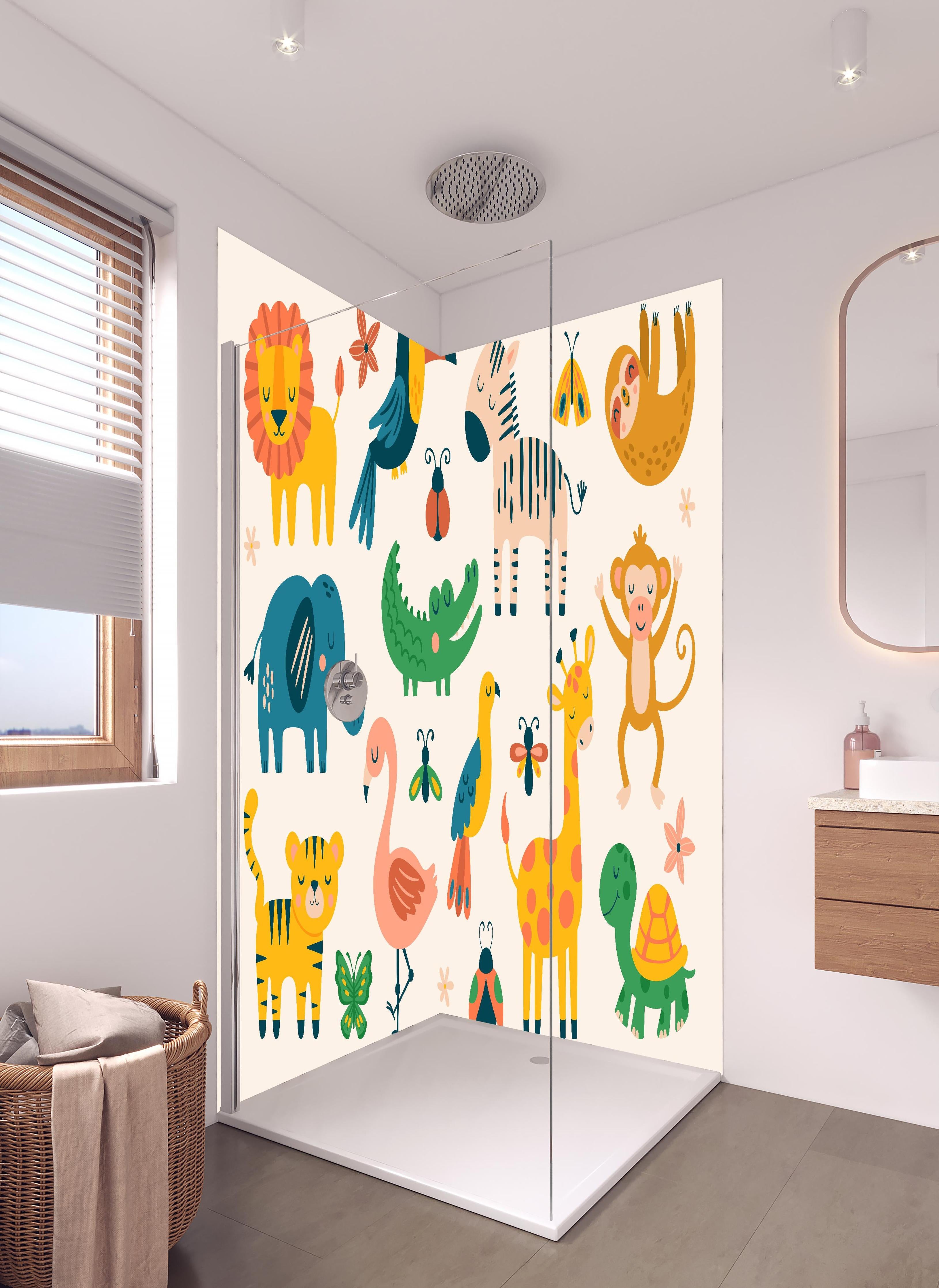 Duschrückwand - Fröhliche bunte Tierillustrationen für Kinder in hellem Badezimmer mit Regenduschkopf - zweiteilige Eck-Duschrückwand