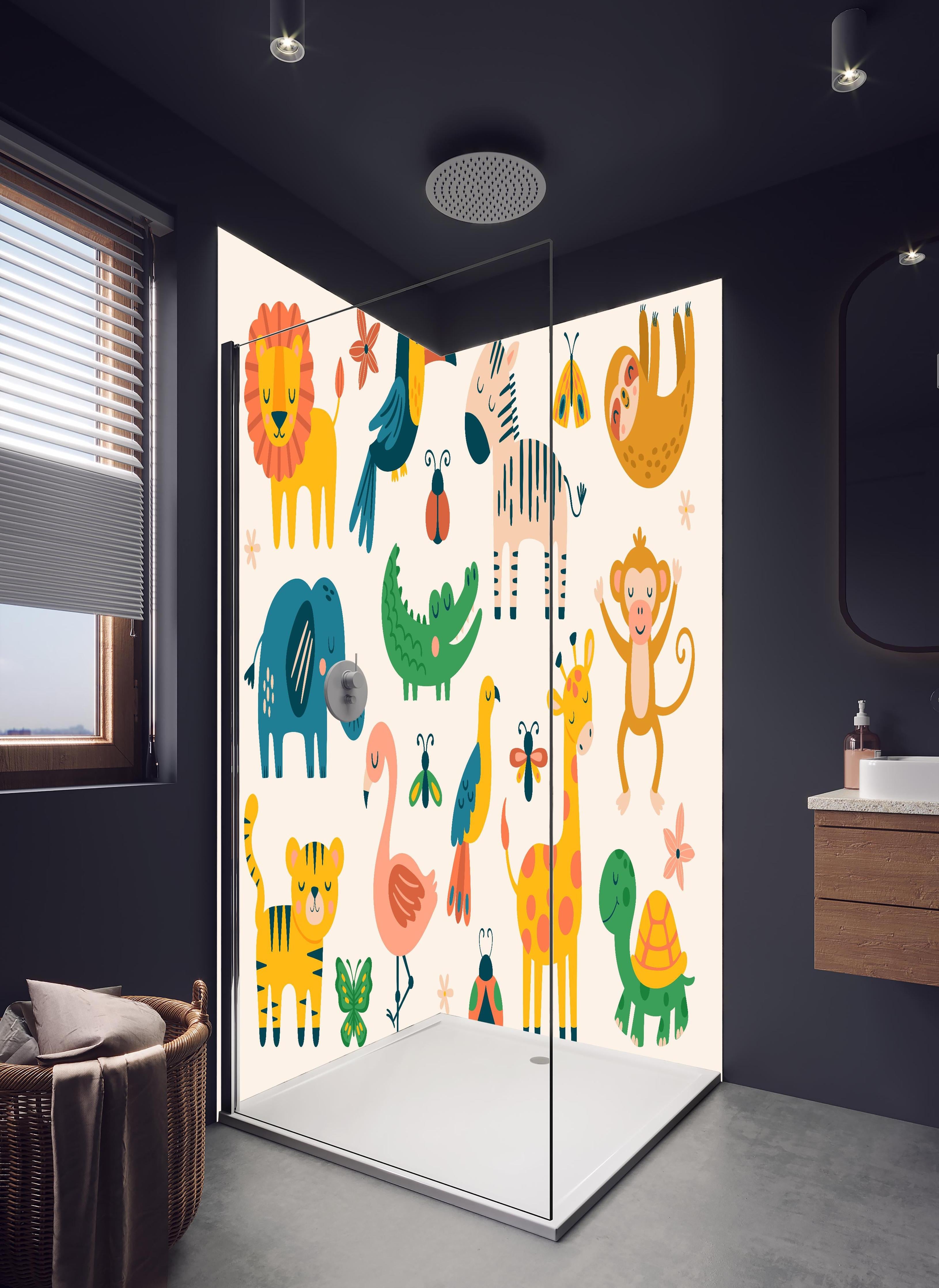 Duschrückwand - Fröhliche bunte Tierillustrationen für Kinder in hellem Badezimmer mit Regenduschkopf - zweiteilige Eck-Duschrückwand
