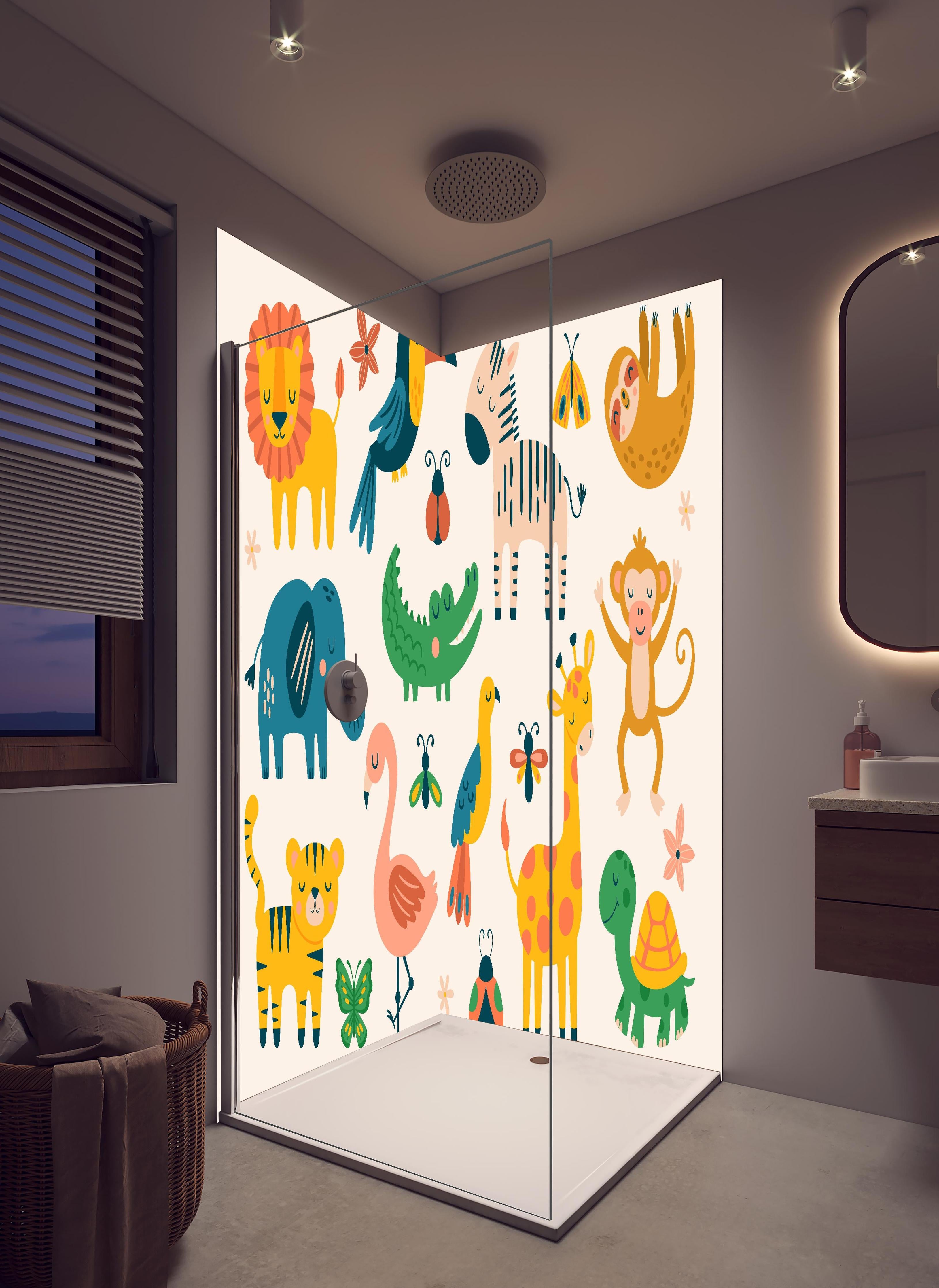 Duschrückwand - Fröhliche bunte Tierillustrationen für Kinder in hellem Badezimmer mit Regenduschkopf - zweiteilige Eck-Duschrückwand