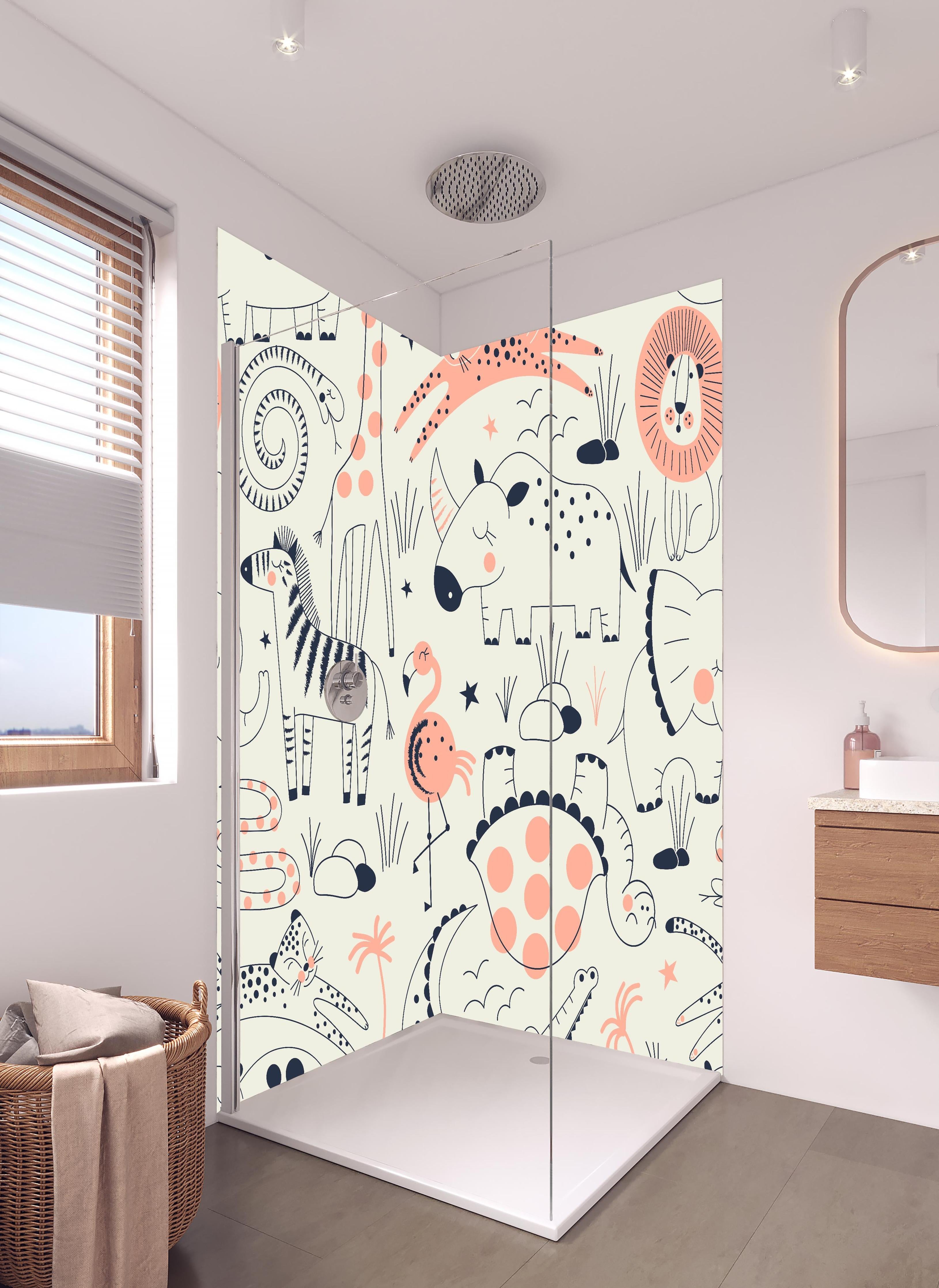Duschrückwand - Fröhliches Tierillustrationsmuster für Kinderzimmer in hellem Badezimmer mit Regenduschkopf - zweiteilige Eck-Duschrückwand