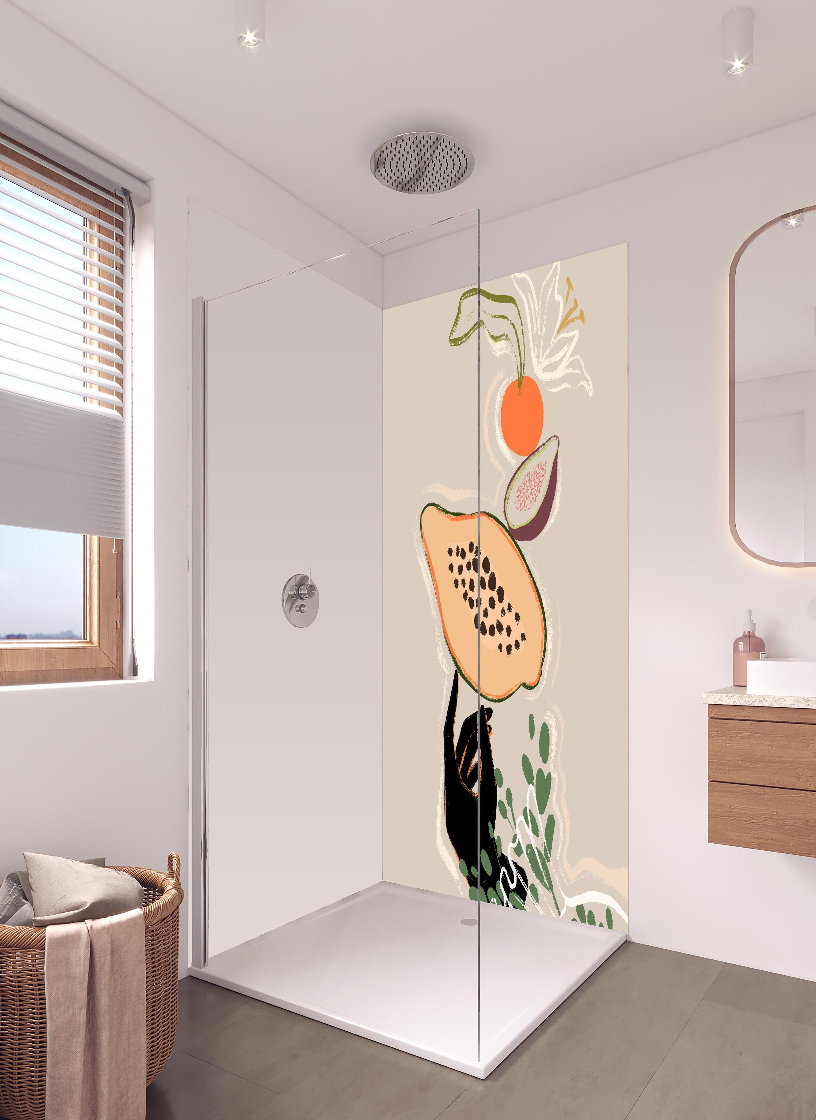 Duschrückwand - Früchte und Gemüse - Gemälde in hellem Badezimmer mit Regenduschkopf - zweiteilige Eck-Duschrückwand