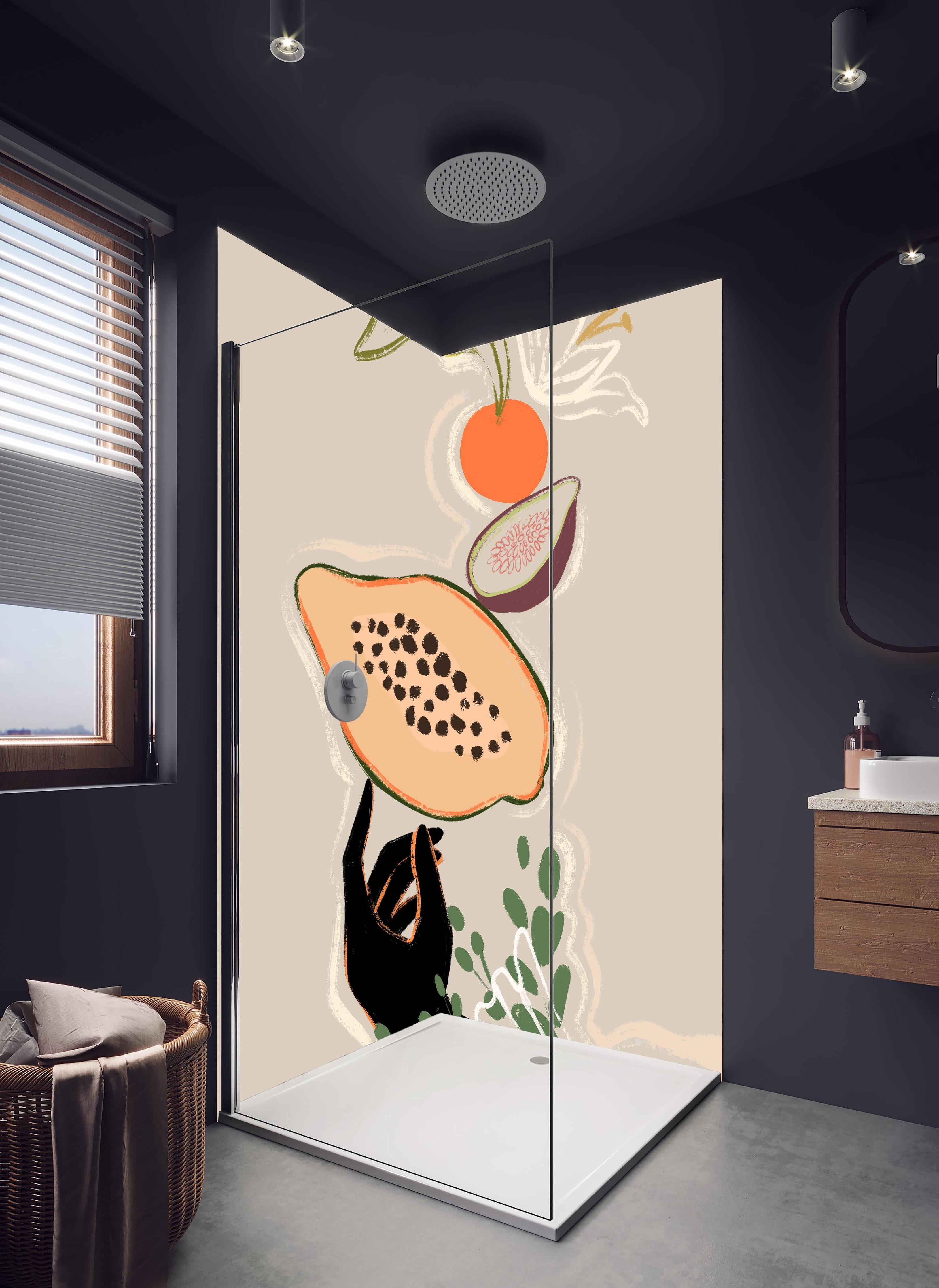Duschrückwand - Früchte und Gemüse - Gemälde in hellem Badezimmer mit Regenduschkopf - zweiteilige Eck-Duschrückwand