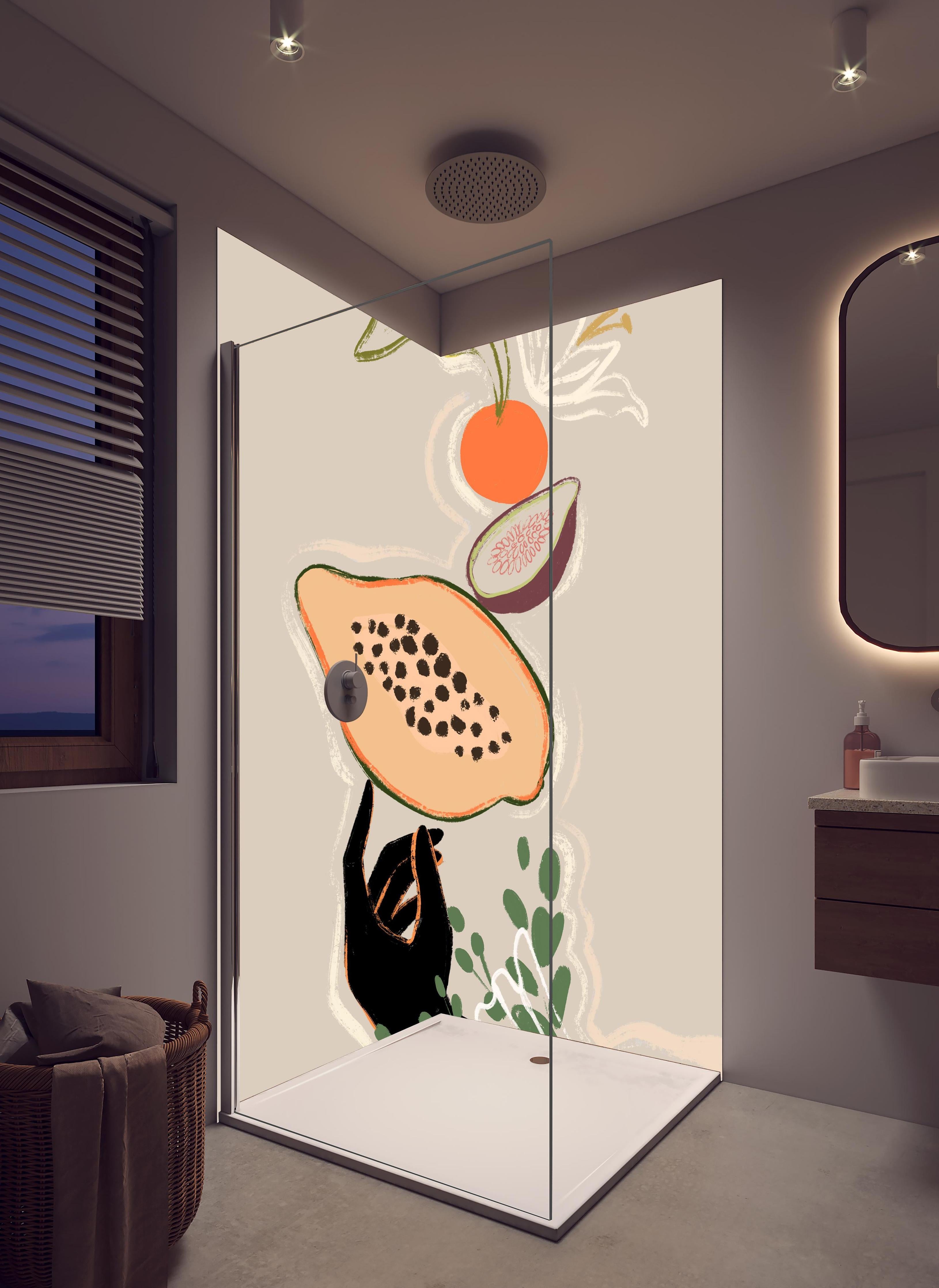 Duschrückwand - Früchte und Gemüse - Gemälde in hellem Badezimmer mit Regenduschkopf - zweiteilige Eck-Duschrückwand