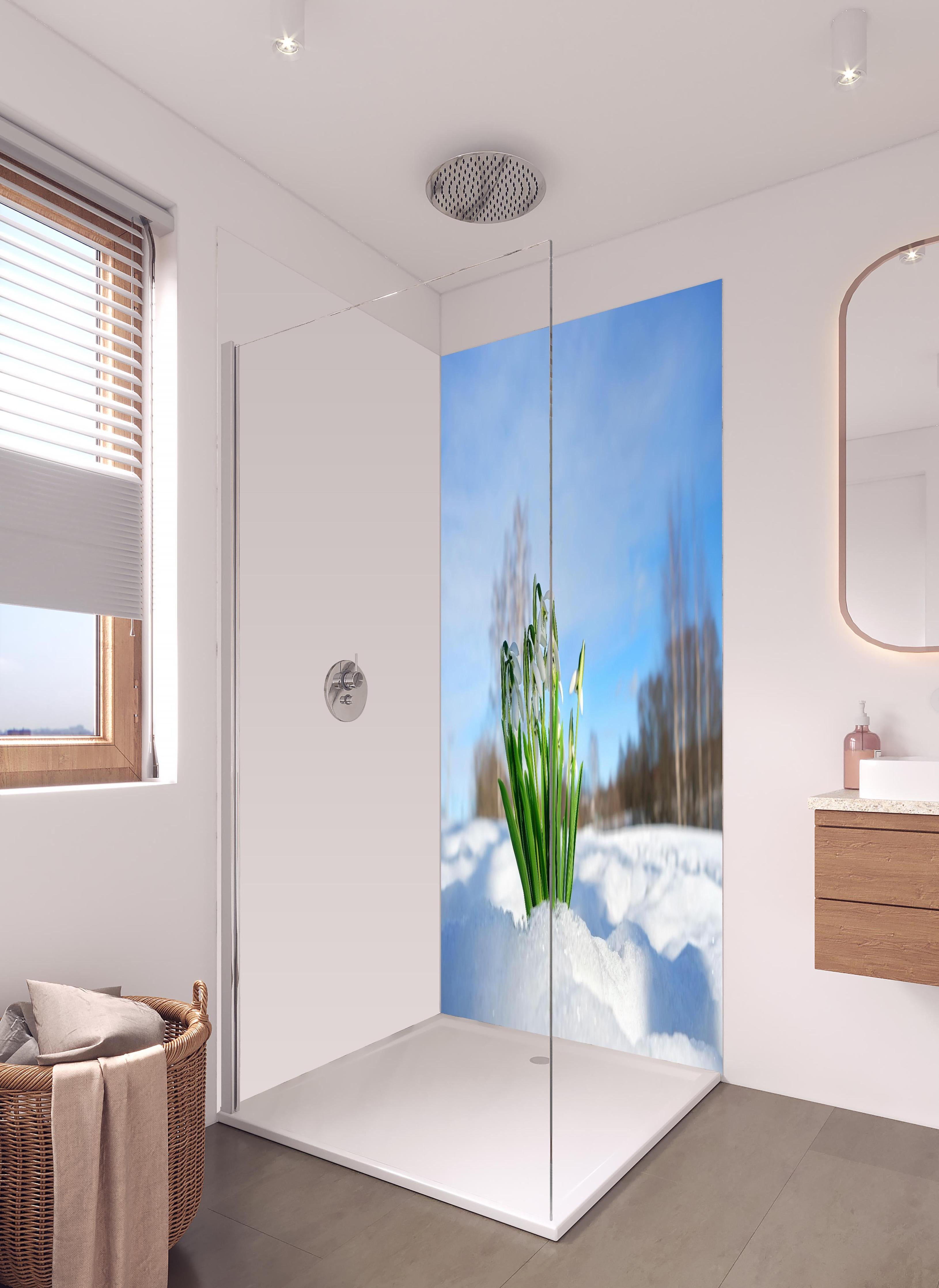 Duschrückwand - Frühlingsblumen durchbrechen Schneedecke in hellem Badezimmer mit Regenduschkopf - zweiteilige Eck-Duschrückwand