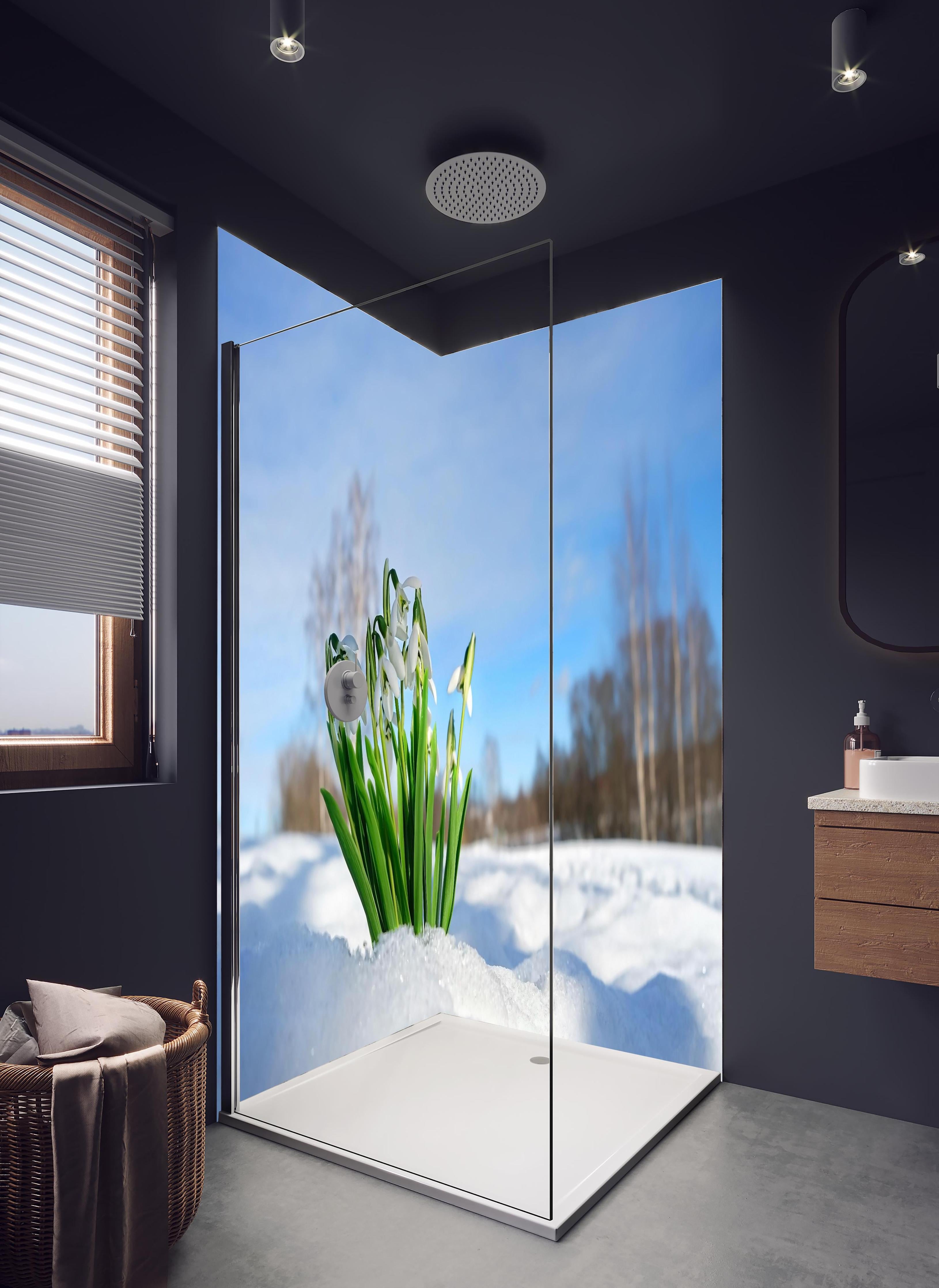 Duschrückwand - Frühlingsblumen durchbrechen Schneedecke in hellem Badezimmer mit Regenduschkopf - zweiteilige Eck-Duschrückwand