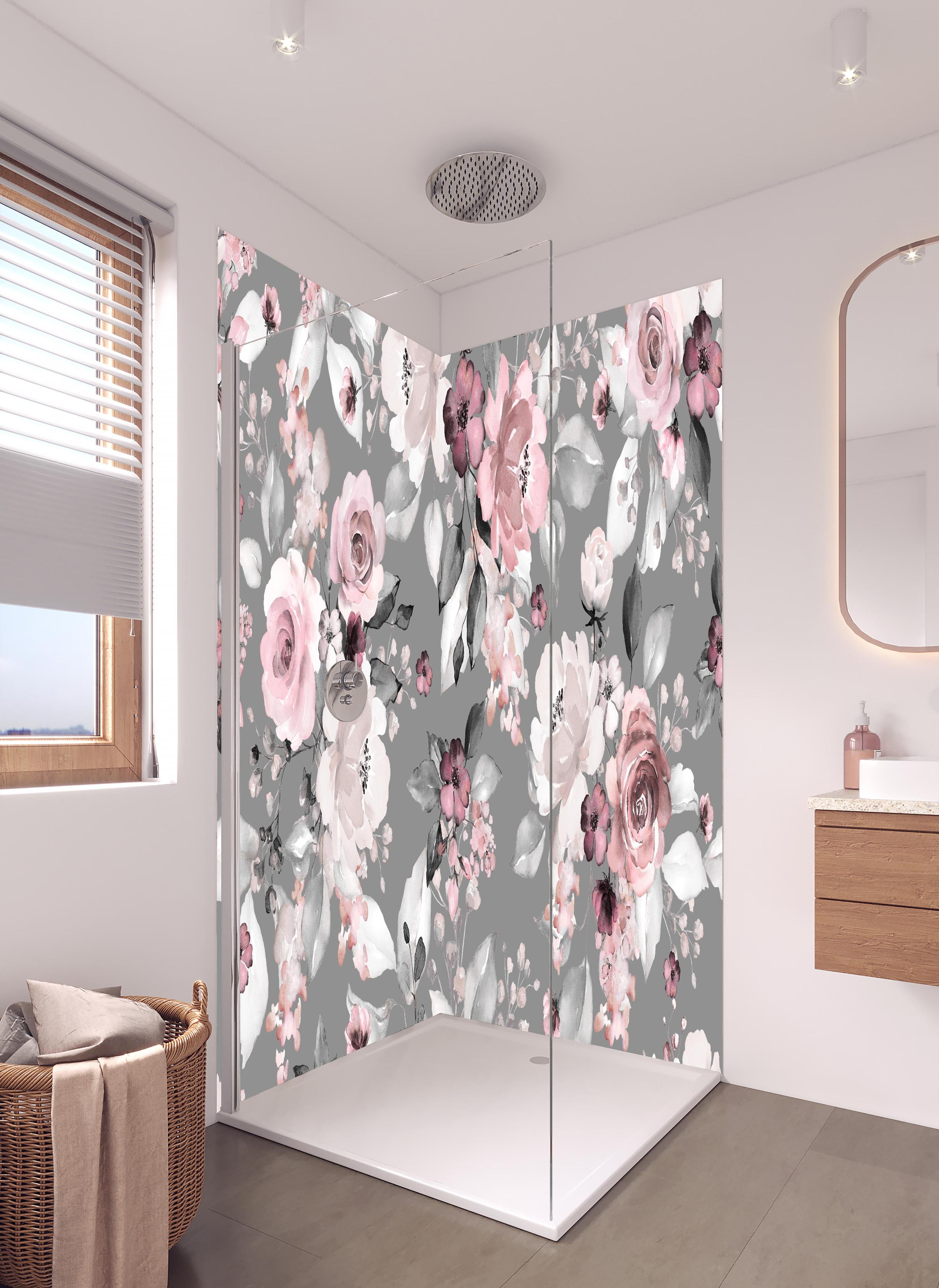 Duschrückwand - Frühlingsblumen im Tapeten-Stil in hellem Badezimmer mit Regenduschkopf - zweiteilige Eck-Duschrückwand