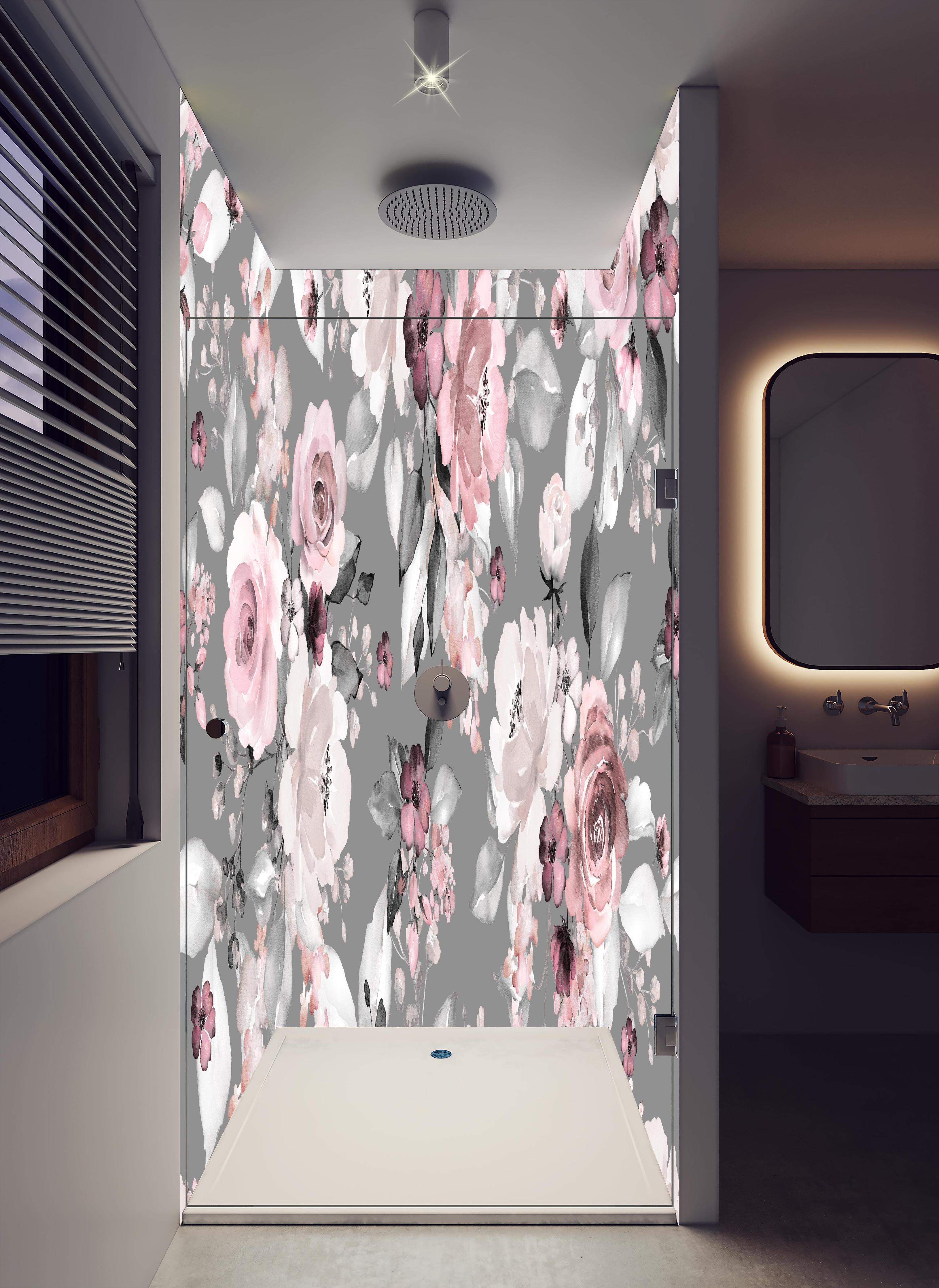 Duschrückwand - Frühlingsblumen im Tapeten-Stil in hellem Badezimmer mit Regenduschkopf - zweiteilige Eck-Duschrückwand