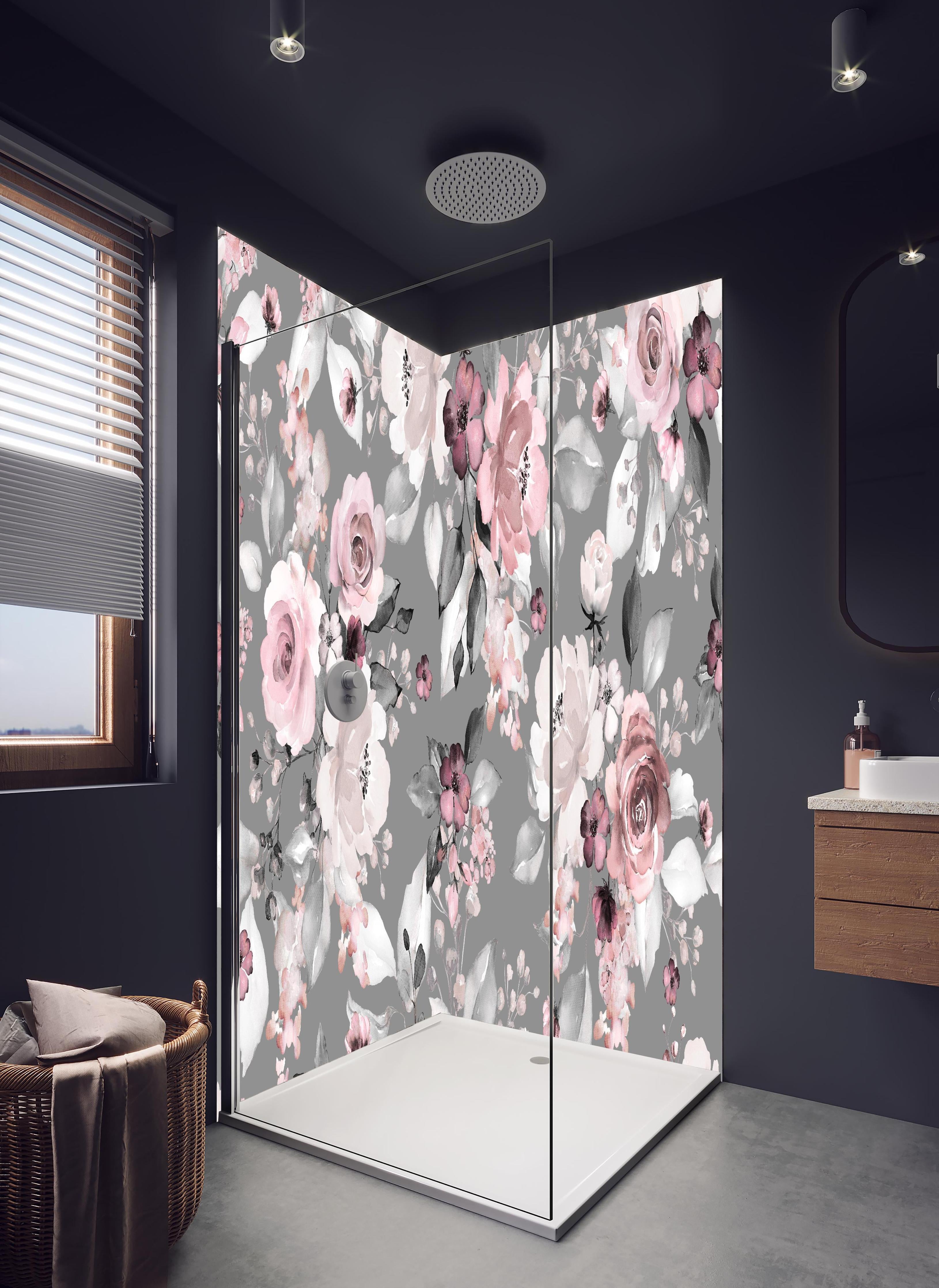 Duschrückwand - Frühlingsblumen im Tapeten-Stil in hellem Badezimmer mit Regenduschkopf - zweiteilige Eck-Duschrückwand