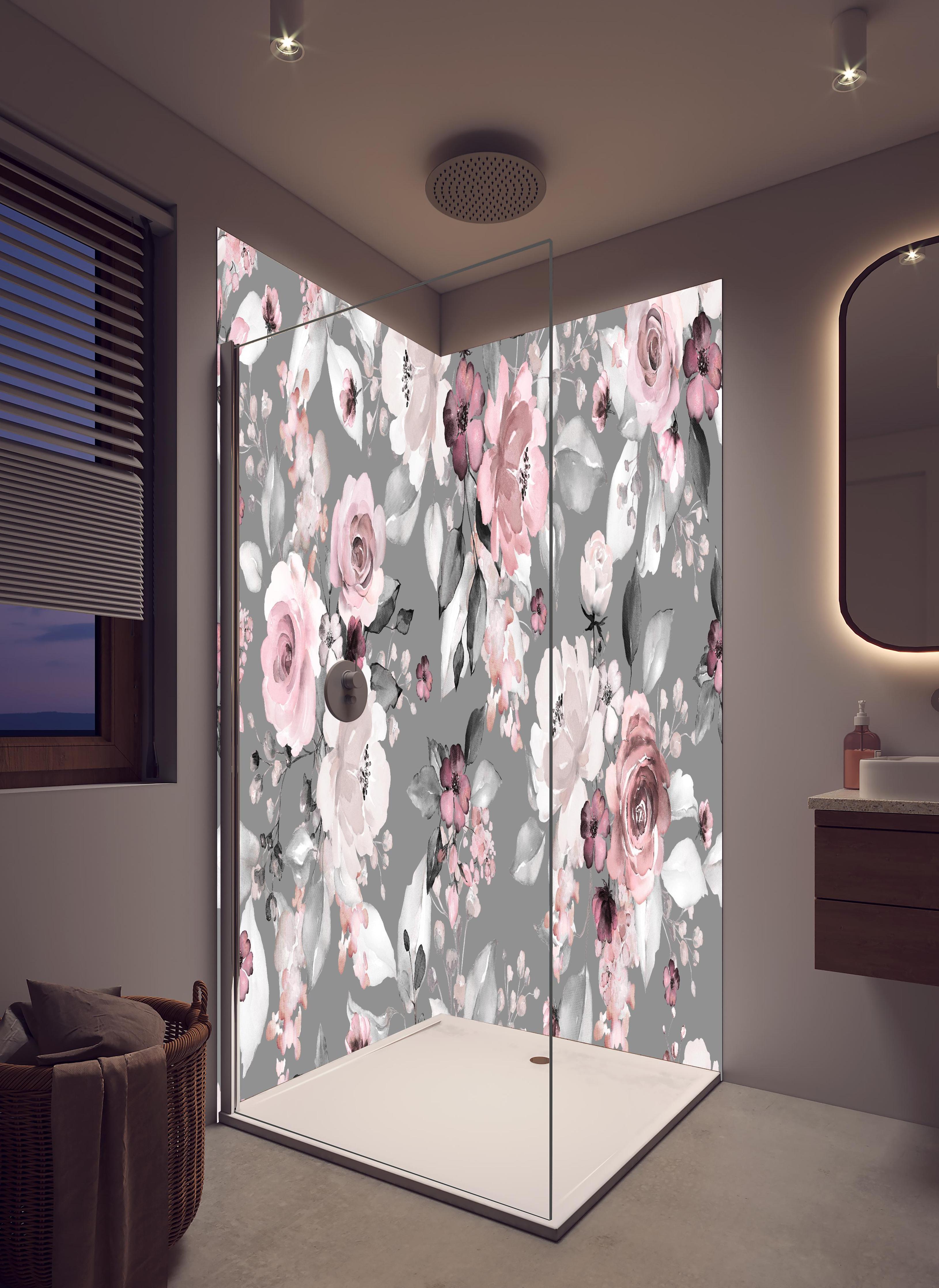 Duschrückwand - Frühlingsblumen im Tapeten-Stil in hellem Badezimmer mit Regenduschkopf - zweiteilige Eck-Duschrückwand