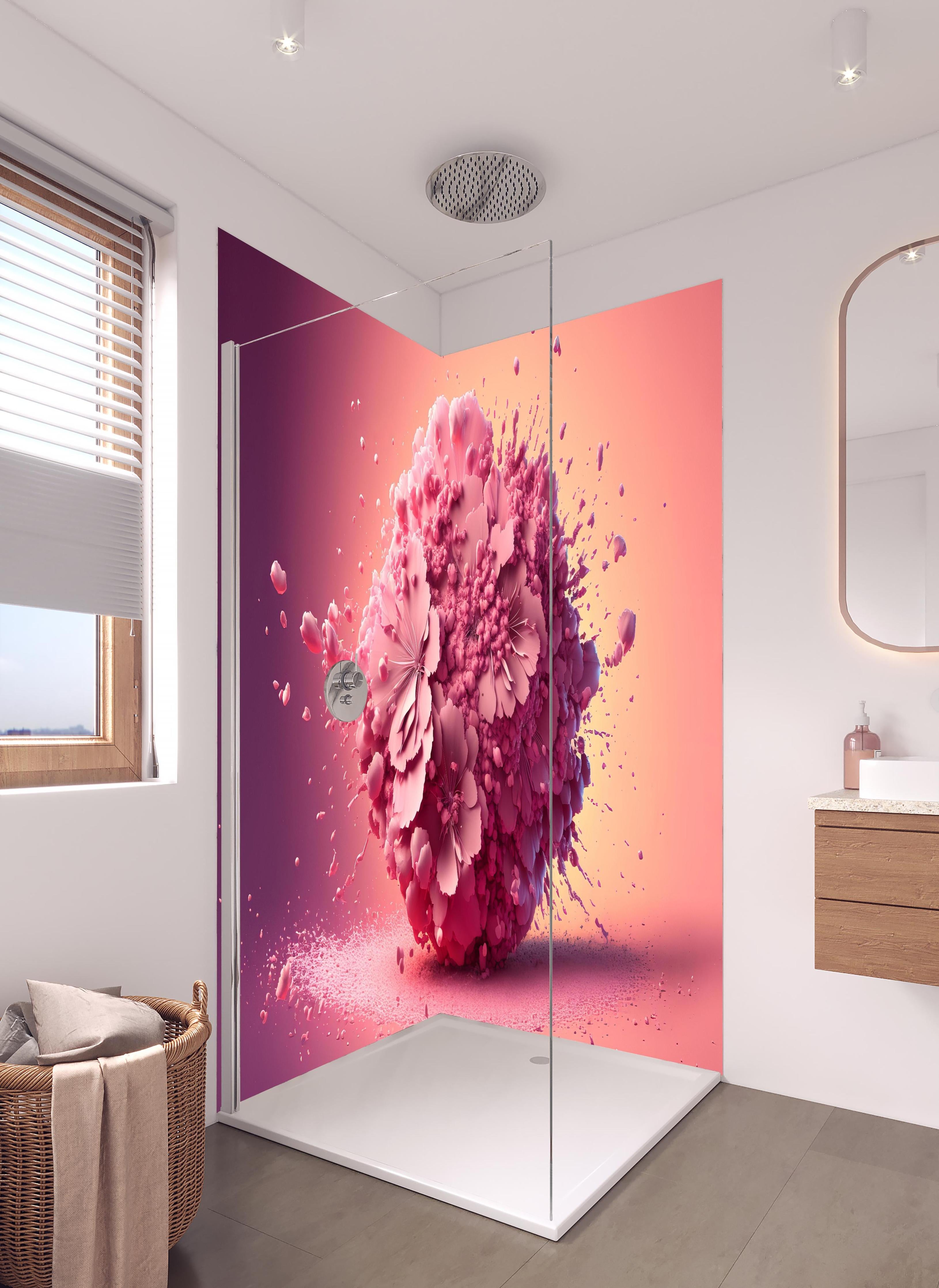 Duschrückwand - Frühlingshaftes Kirschblüten Explosionserlebnis in hellem Badezimmer mit Regenduschkopf - zweiteilige Eck-Duschrückwand