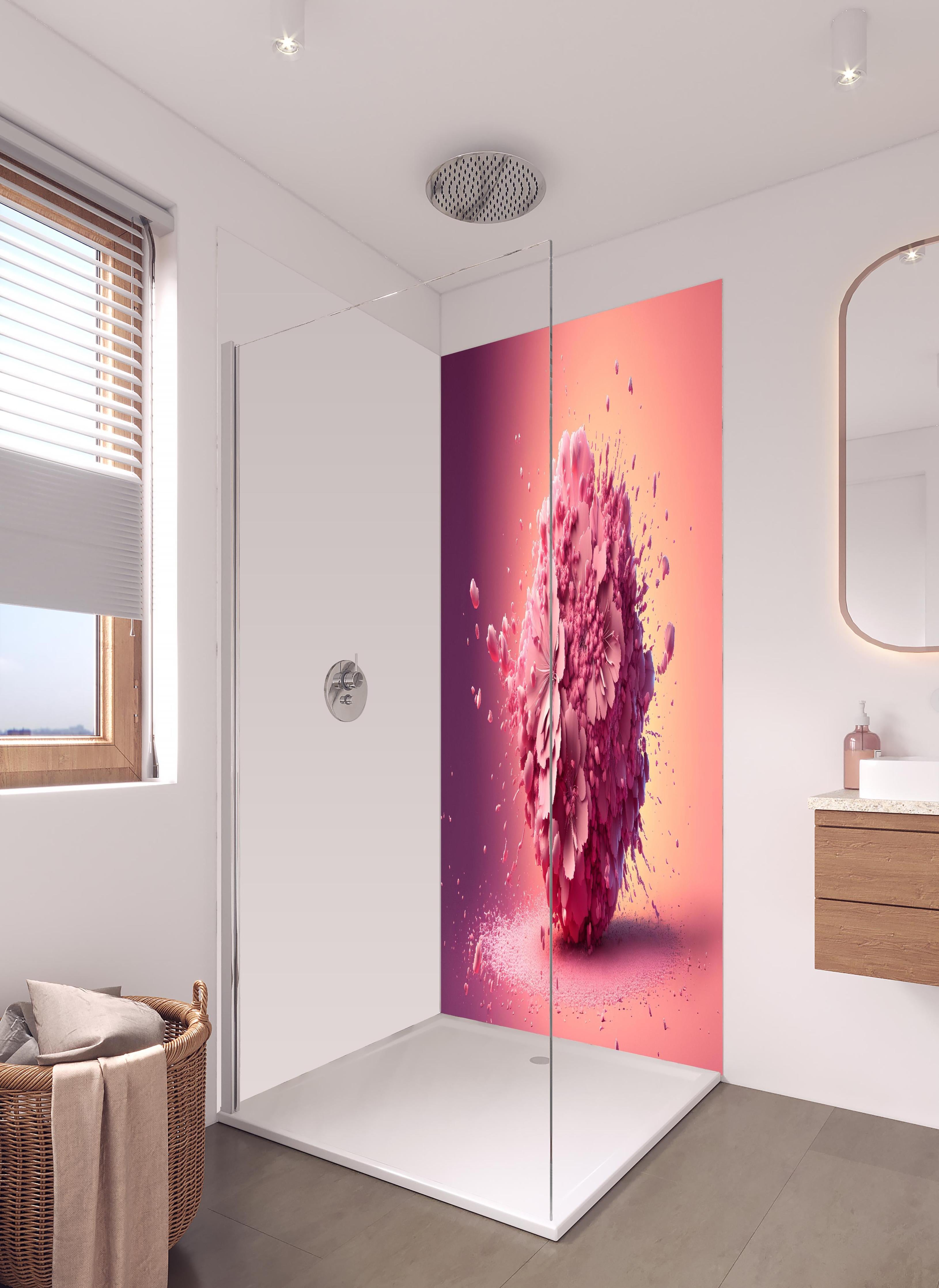 Duschrückwand - Frühlingshaftes Kirschblüten Explosionserlebnis in hellem Badezimmer mit Regenduschkopf - zweiteilige Eck-Duschrückwand