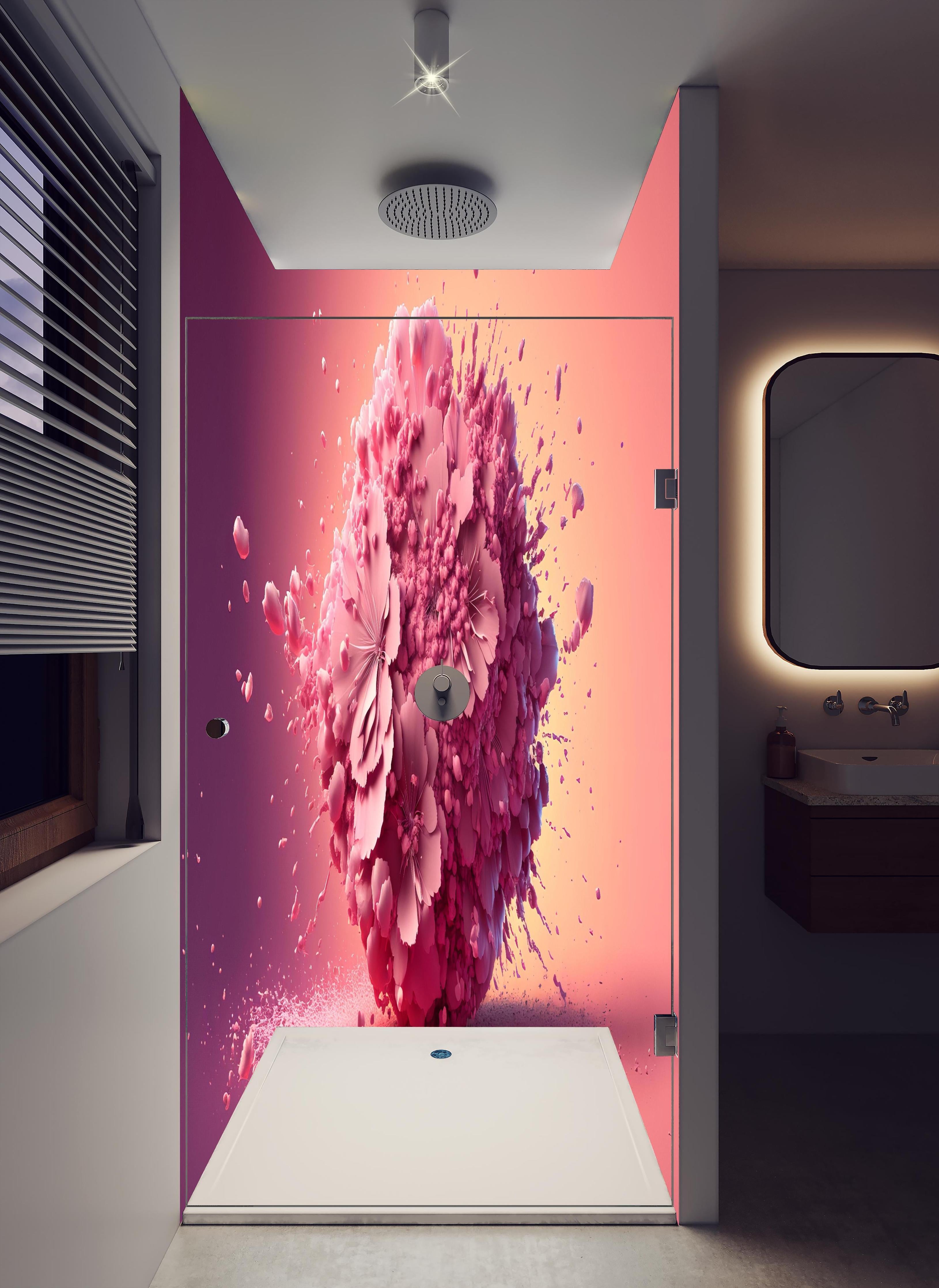 Duschrückwand - Frühlingshaftes Kirschblüten Explosionserlebnis in hellem Badezimmer mit Regenduschkopf - zweiteilige Eck-Duschrückwand