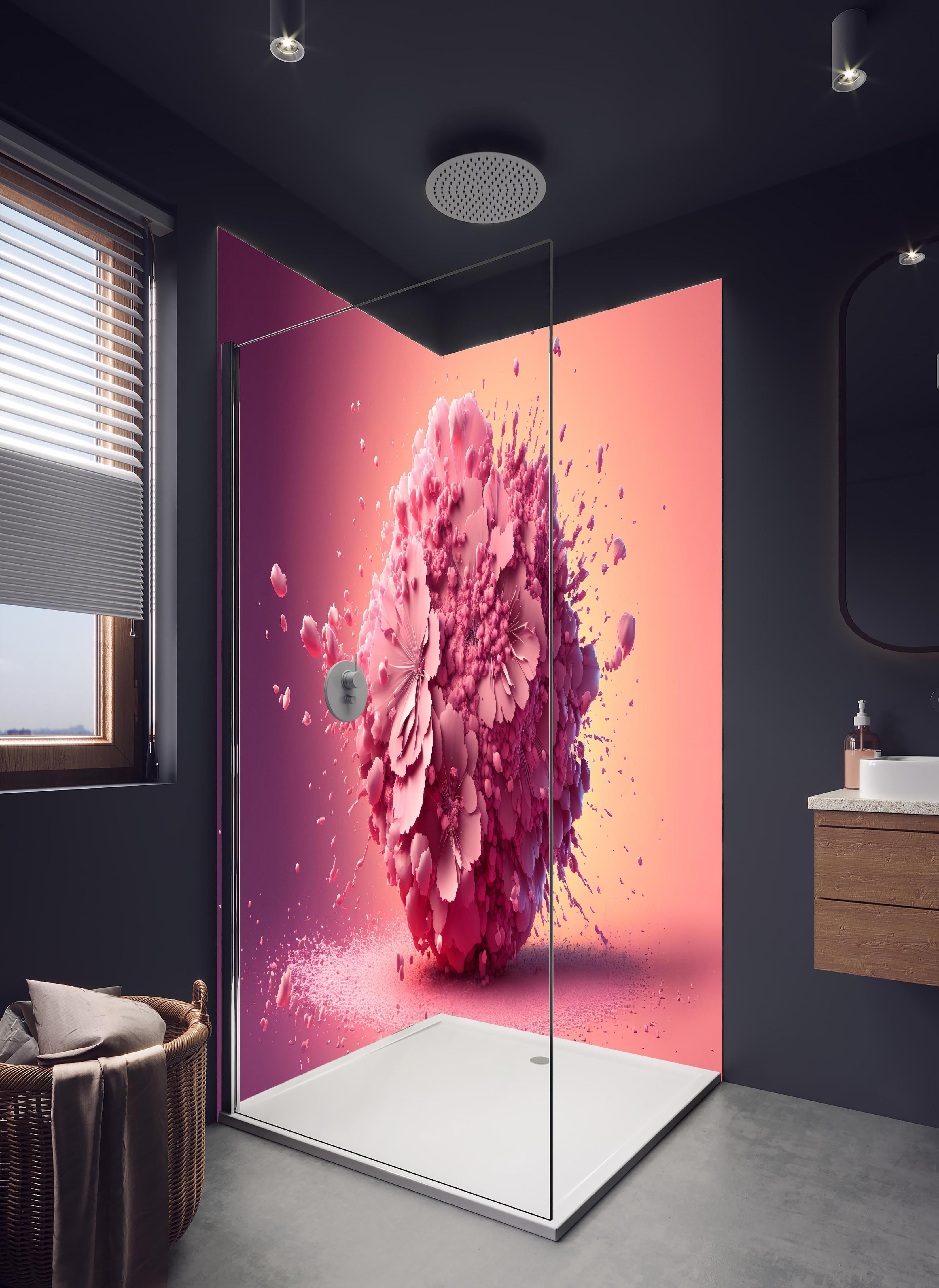 Duschrückwand - Frühlingshaftes Kirschblüten Explosionserlebnis in hellem Badezimmer mit Regenduschkopf - zweiteilige Eck-Duschrückwand