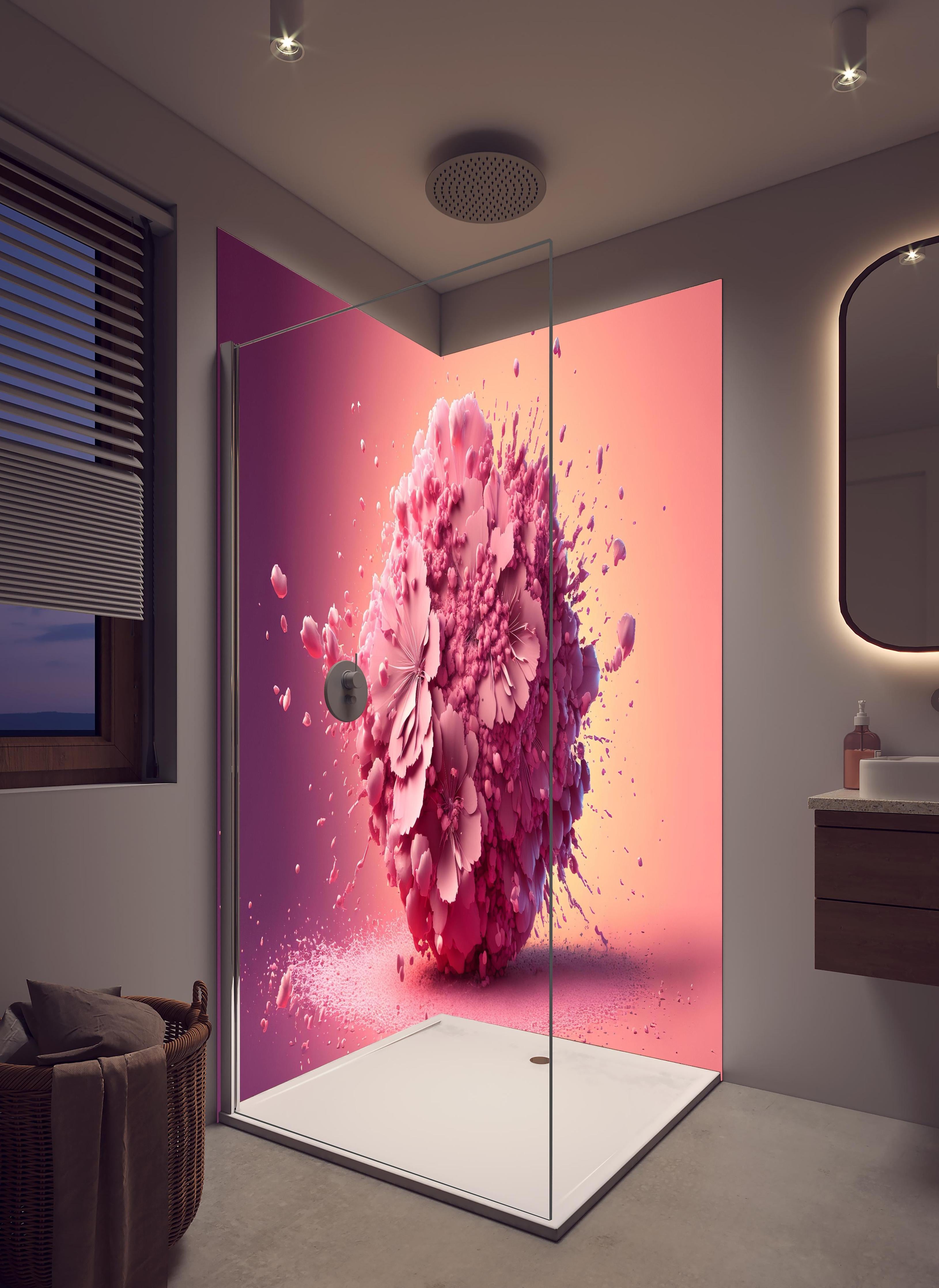 Duschrückwand - Frühlingshaftes Kirschblüten Explosionserlebnis in hellem Badezimmer mit Regenduschkopf - zweiteilige Eck-Duschrückwand